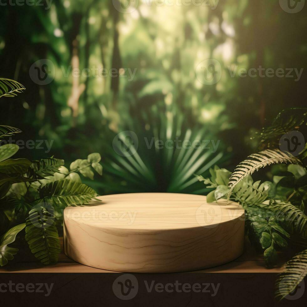 de madeira produtos exibição pódio com borrado natureza folhas fundo foto