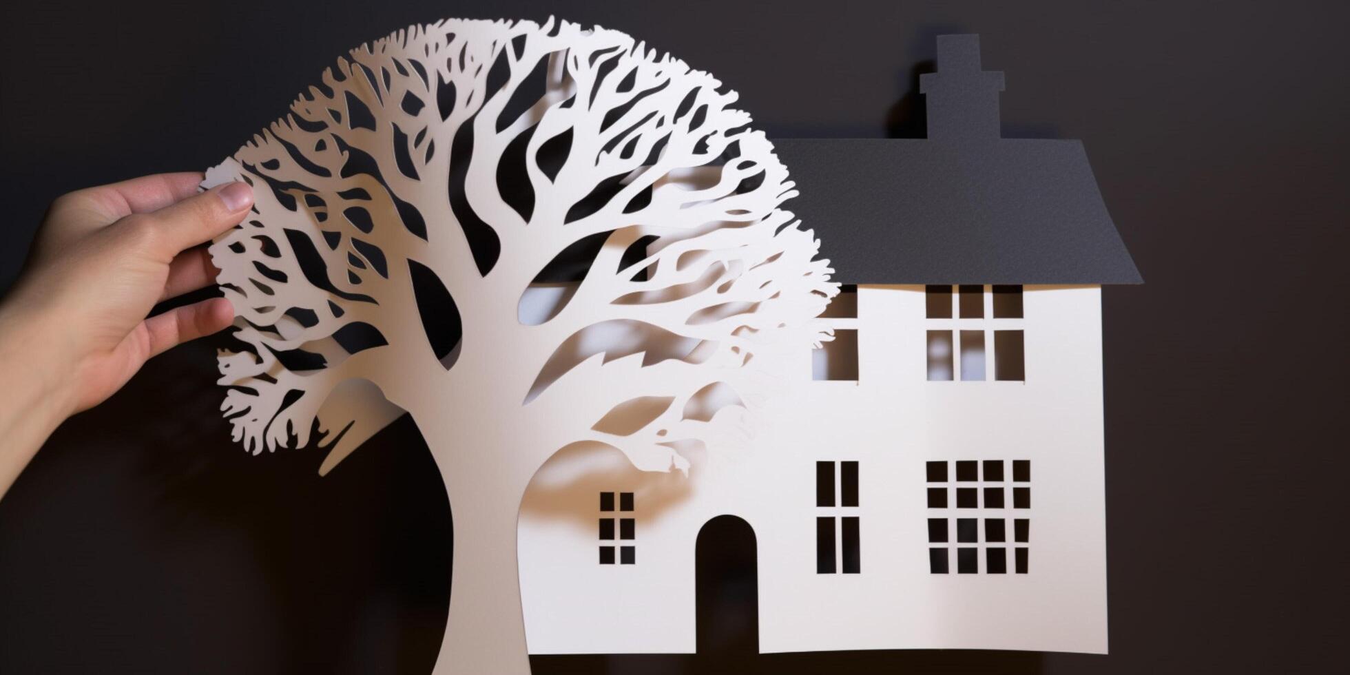 papel cortar Fora do uma casa com uma árvore ai gerado foto