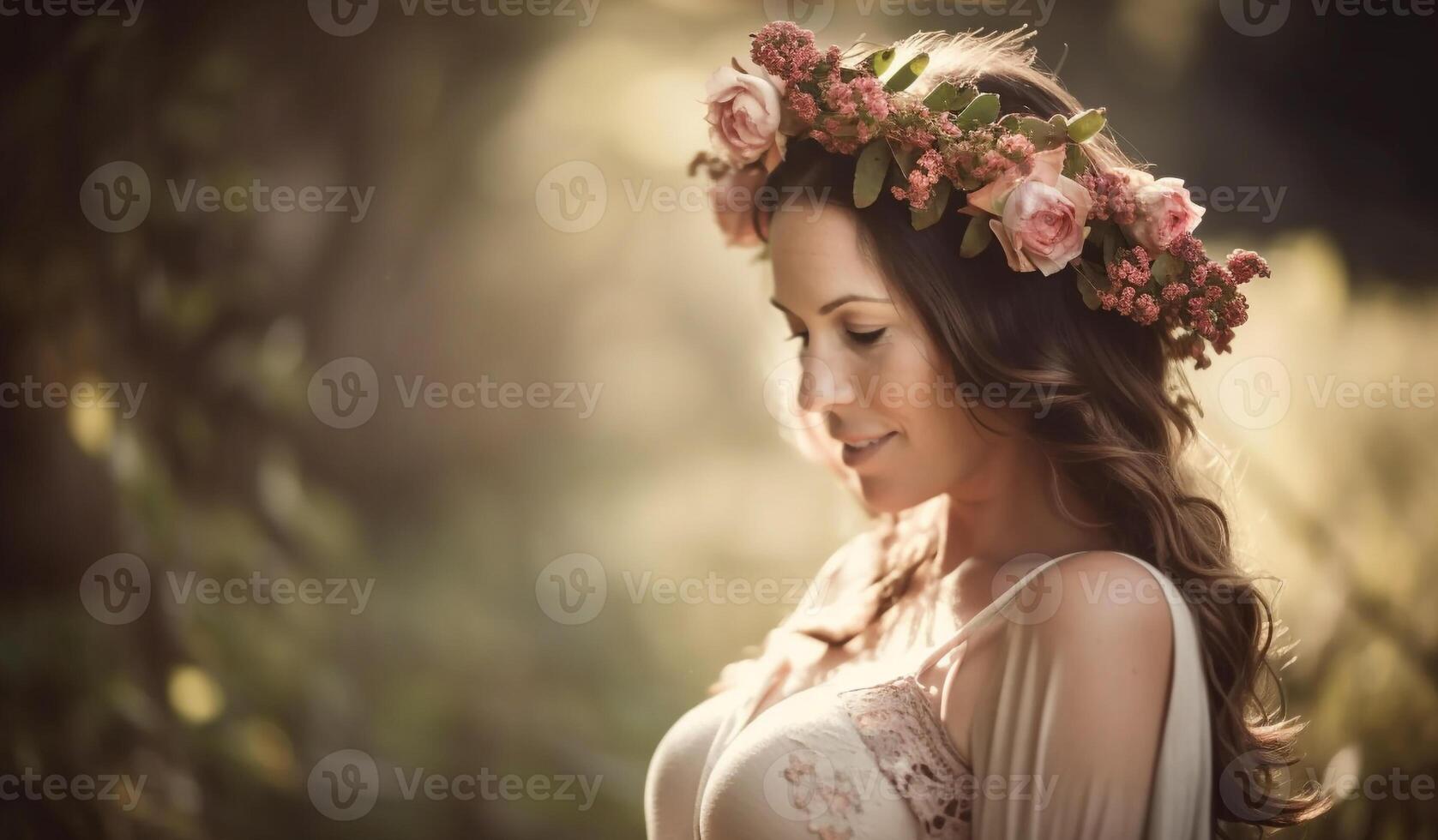 pôr do sol beleza dentro natureza, jovem mulher sorridente gerado de ai foto