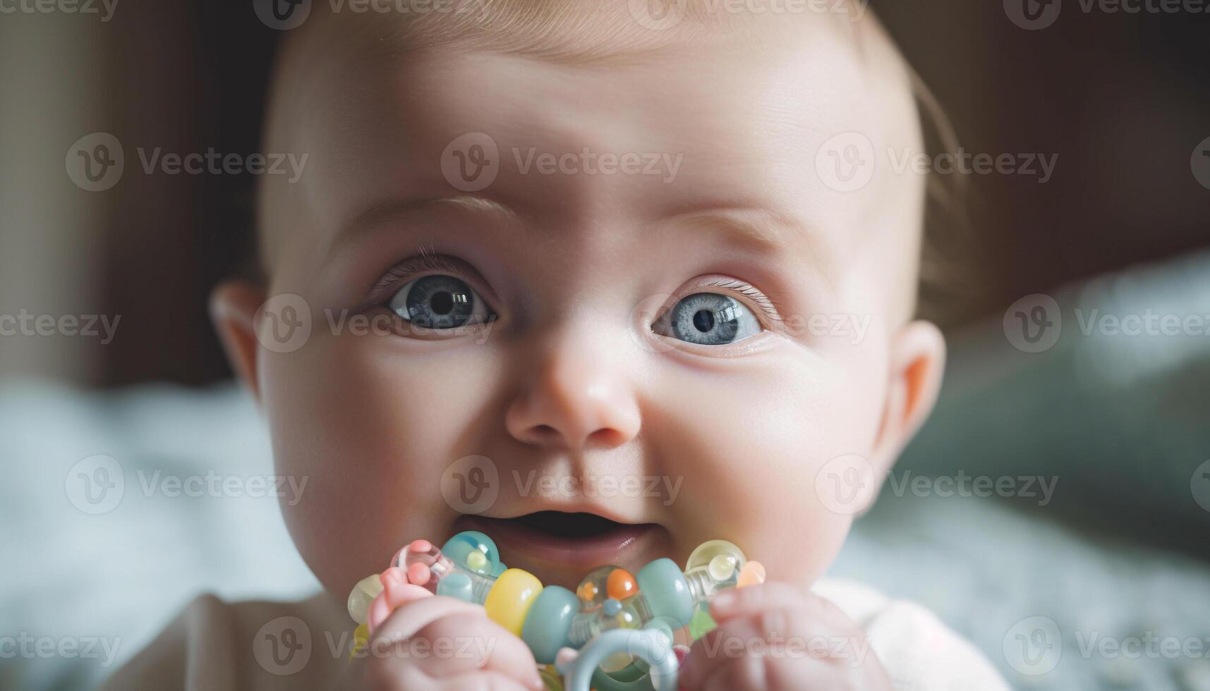 sorridente bebê menina segurando multi colori brinquedo fechar acima gerado de ai foto