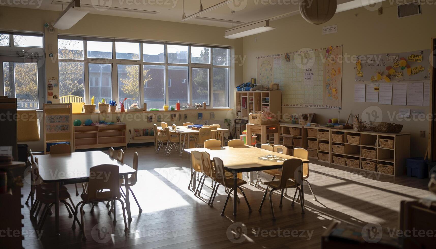 de madeira moderno Sala de aula mobília preenche a esvaziar espaço gerado de ai foto