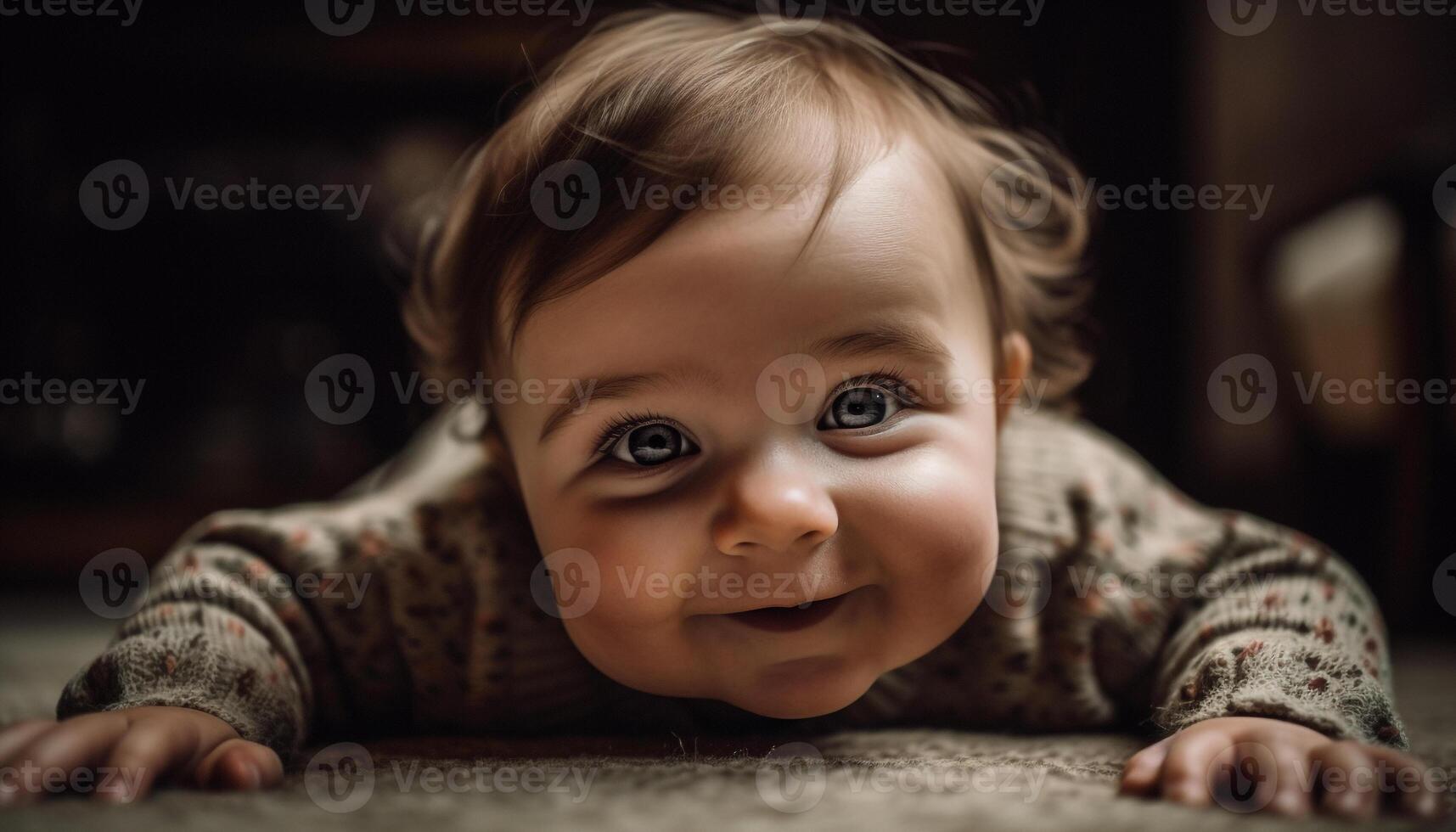 sorridente bebê Garoto jogando alegremente em chão gerado de ai foto