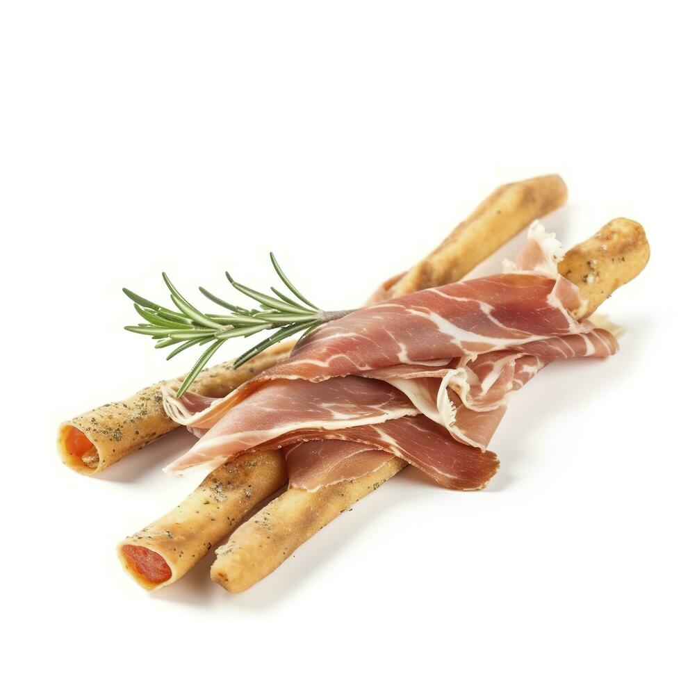 saboroso italiano grissini com fatias do jamon em branco fundo, gerar ai foto