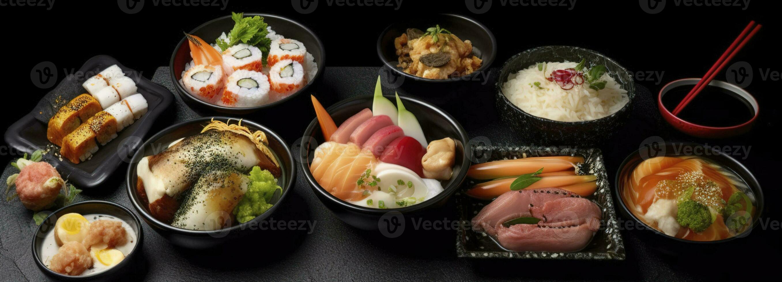 tradicional japonês Comida pratos em Preto fundo, gerar ai foto