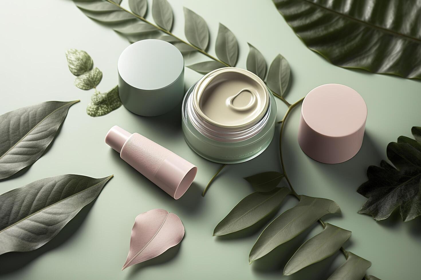 eco amigáveis cosméticos decorado com verde folhas, orgânico facial cuidados com a pele, Maquiagem e pele Cuidado Cosmético Unid. ai gerado imagem. foto