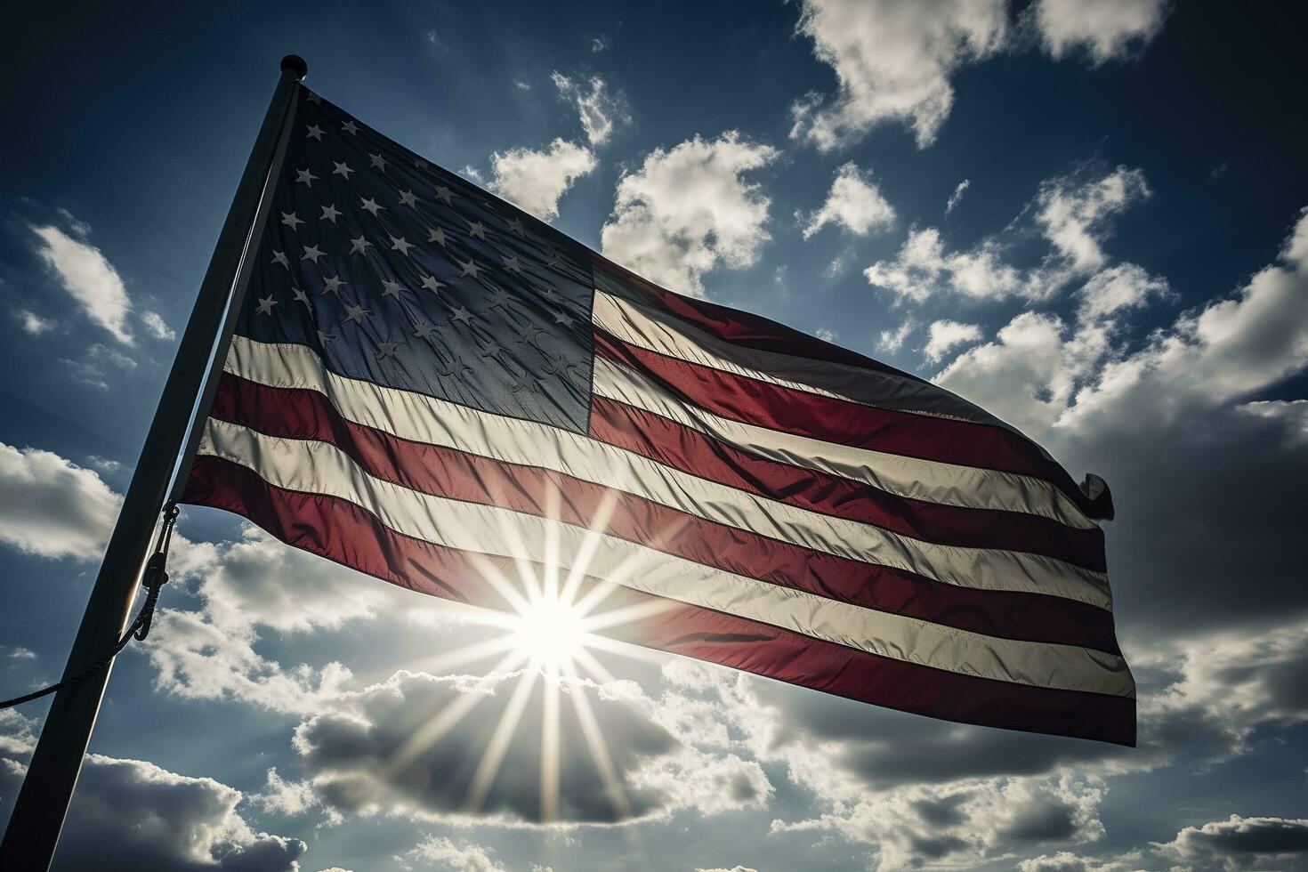 retroiluminado nos nacional bandeira vôo e acenando dentro a vento sobre cinzento tormentoso nublado céu, símbolo do americano patriotismo, baixo ângulo, gerar ai foto