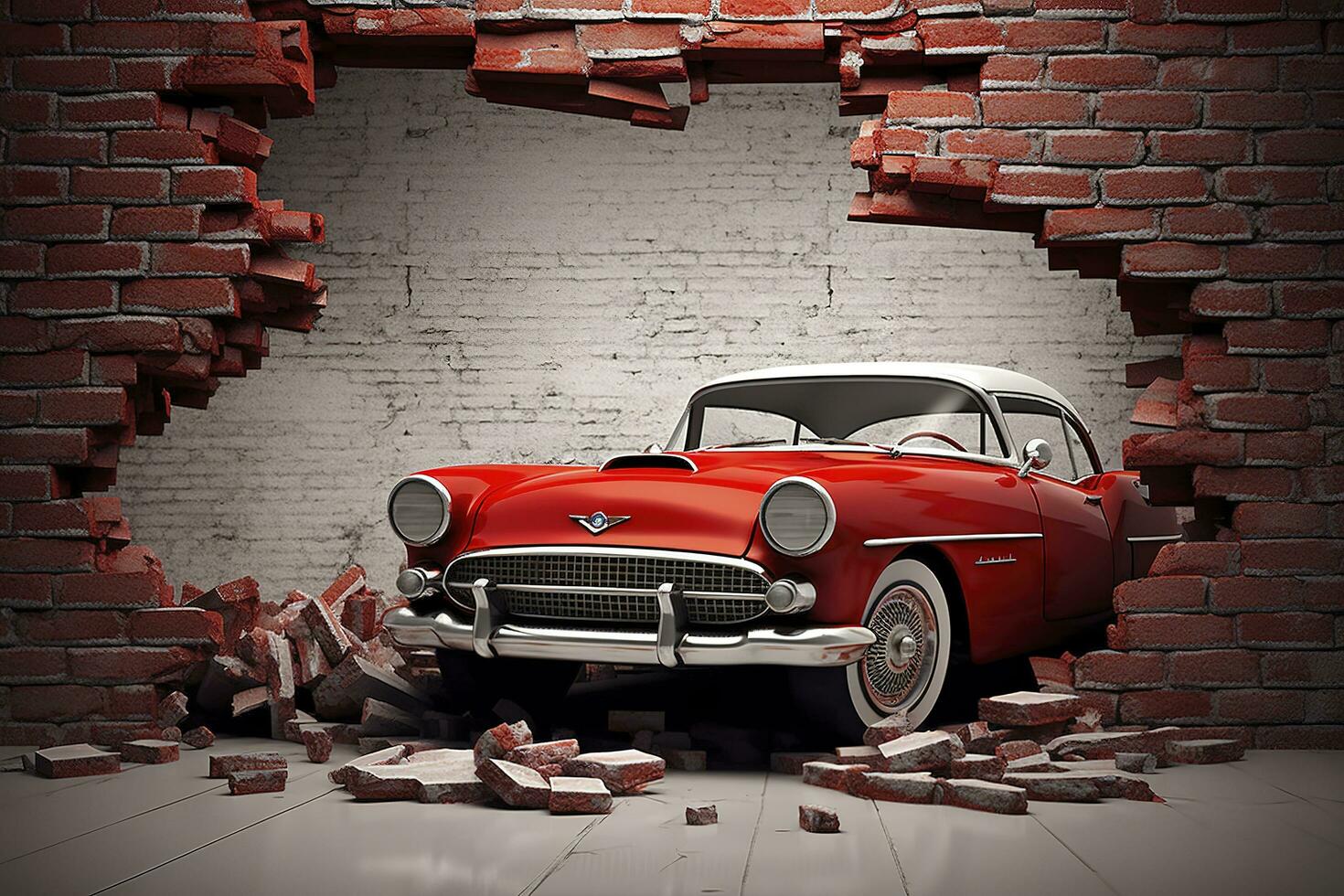 3d mural papel de parede quebrado parede tijolos e uma clássico vermelho carro. mundo mapa dentro uma colori fundo. para crianças e crianças cama quarto papel de parede, gerar ai foto