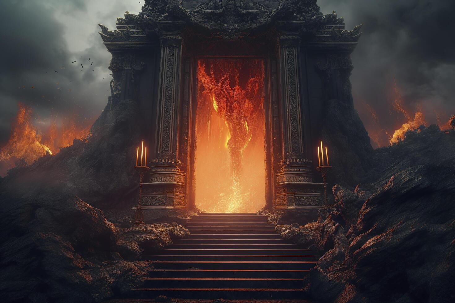 ilustração do pecaminoso maldição inferno portão com fumaça e chama generativo ai foto