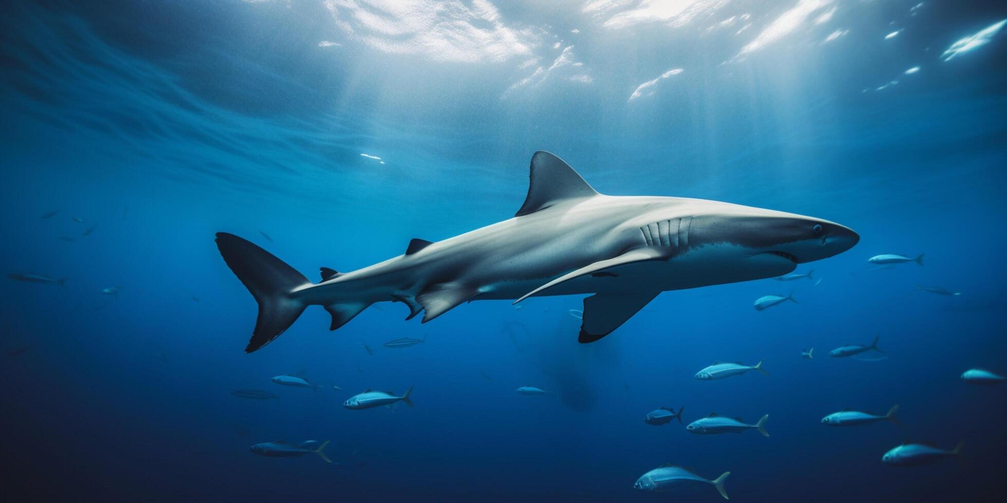 Tubarão e peixes dentro a oceano ai gerado foto