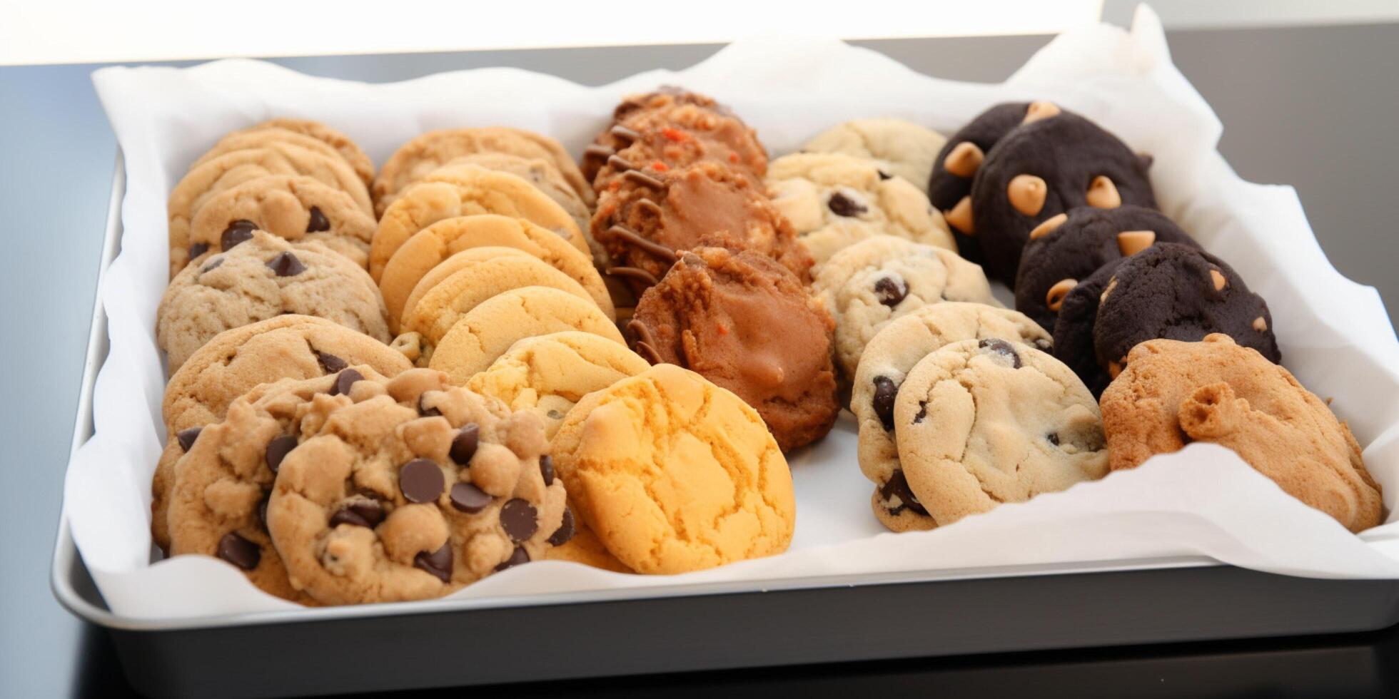 uma bandeja do biscoitos com diferente sabores ai gerado foto