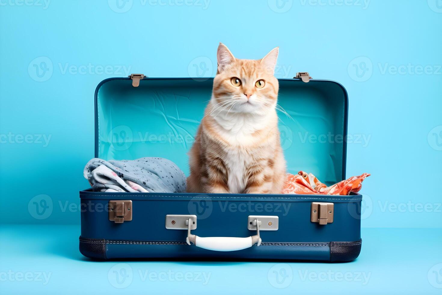 gengibre gato sentado dentro a aberto mala de viagem entre verão roupas em azul fundo. verão período de férias conceito. ai gerado. foto