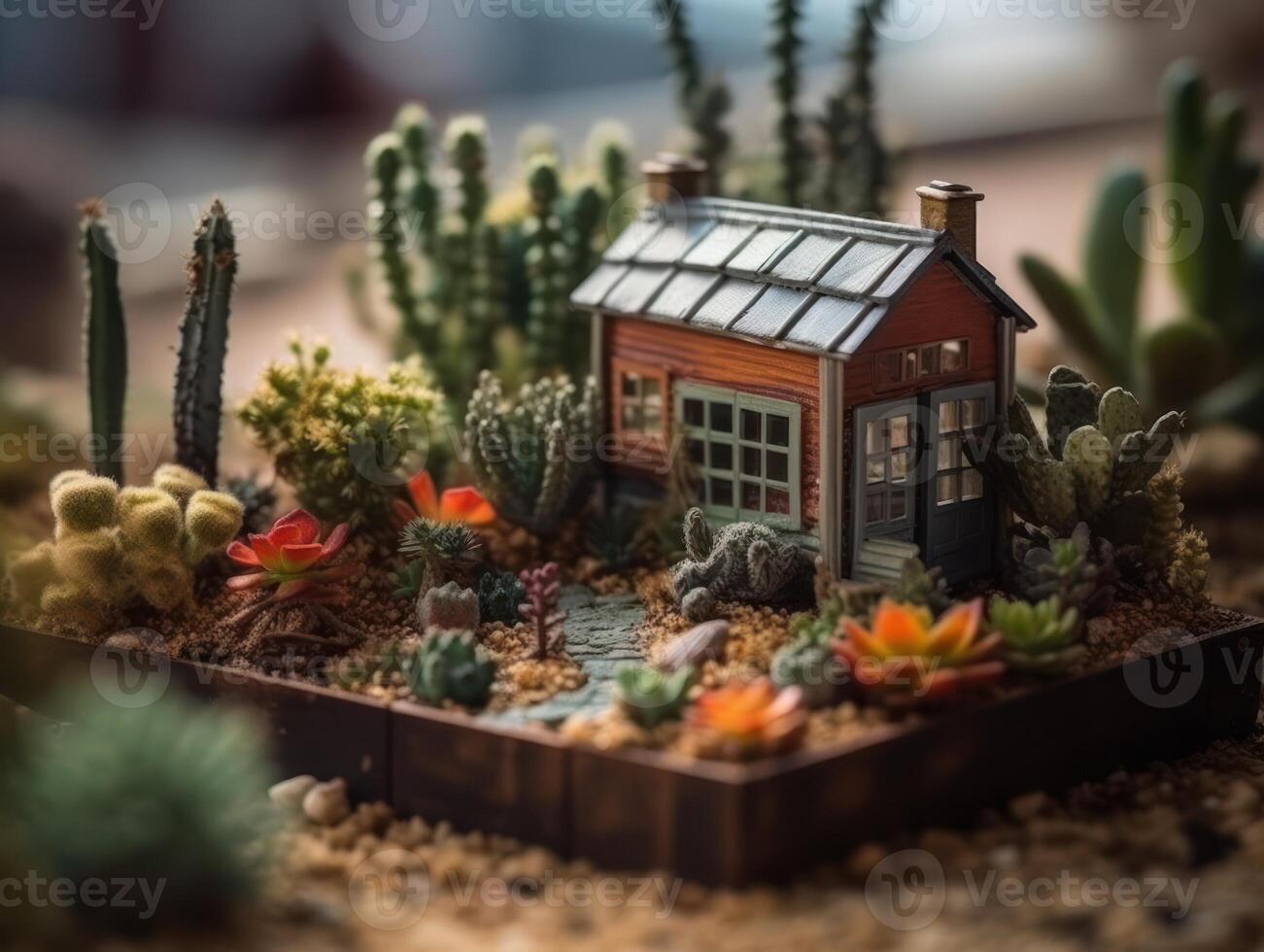 fantasia miniatura casa flores suculentos e cacto dentro a jardim criada com generativo ai tecnologia foto