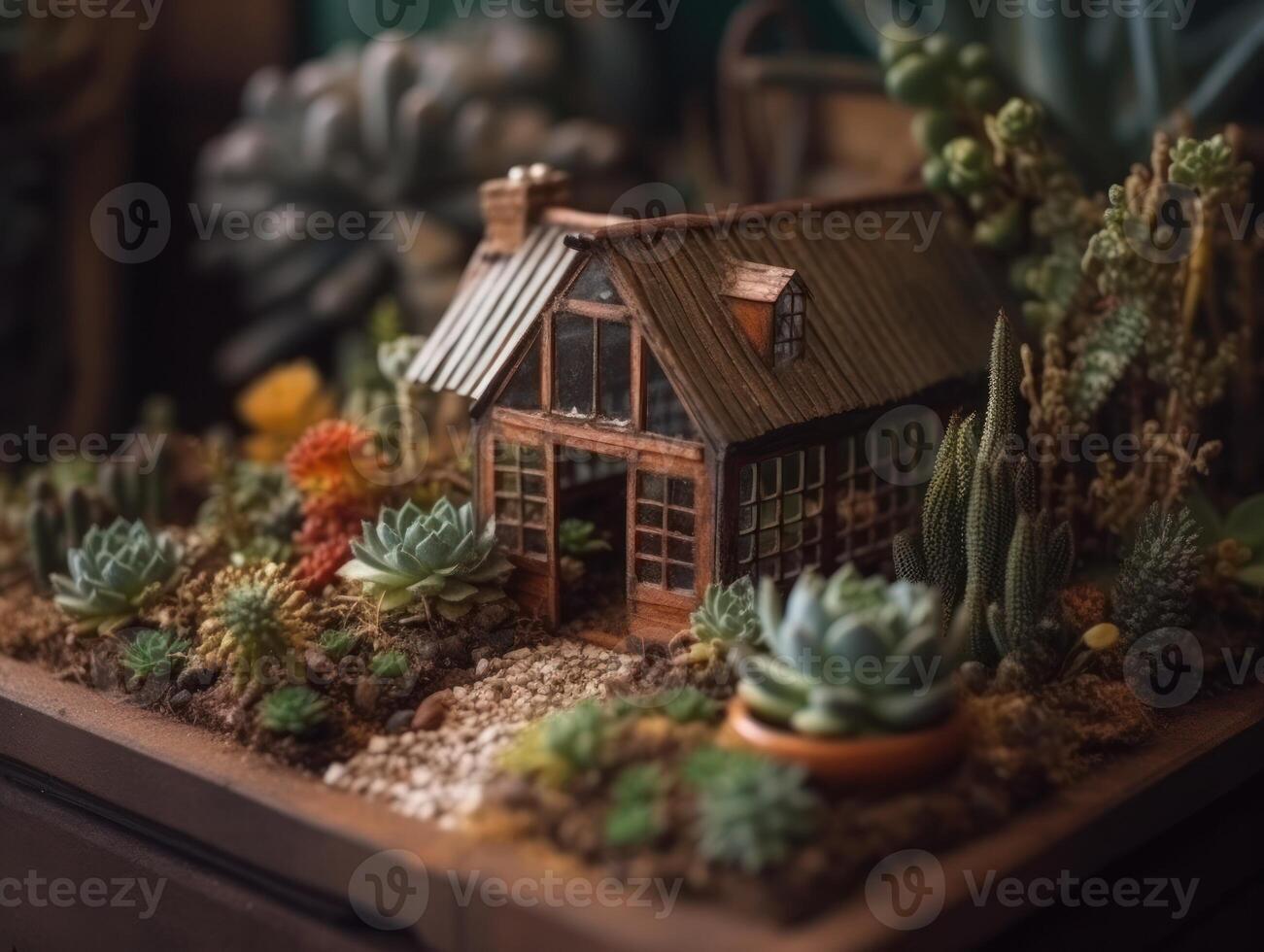 fantasia miniatura casa flores suculentos e cacto dentro a jardim criada com generativo ai tecnologia foto