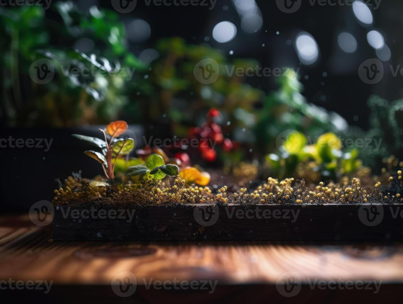 abstrato composição com fantasia plantas em de madeira mesa criada com generativo ai tecnologia foto