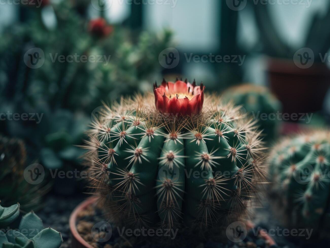 miniatura casa flores suculentos e cacto dentro a jardim criada com generativo ai tecnologia foto