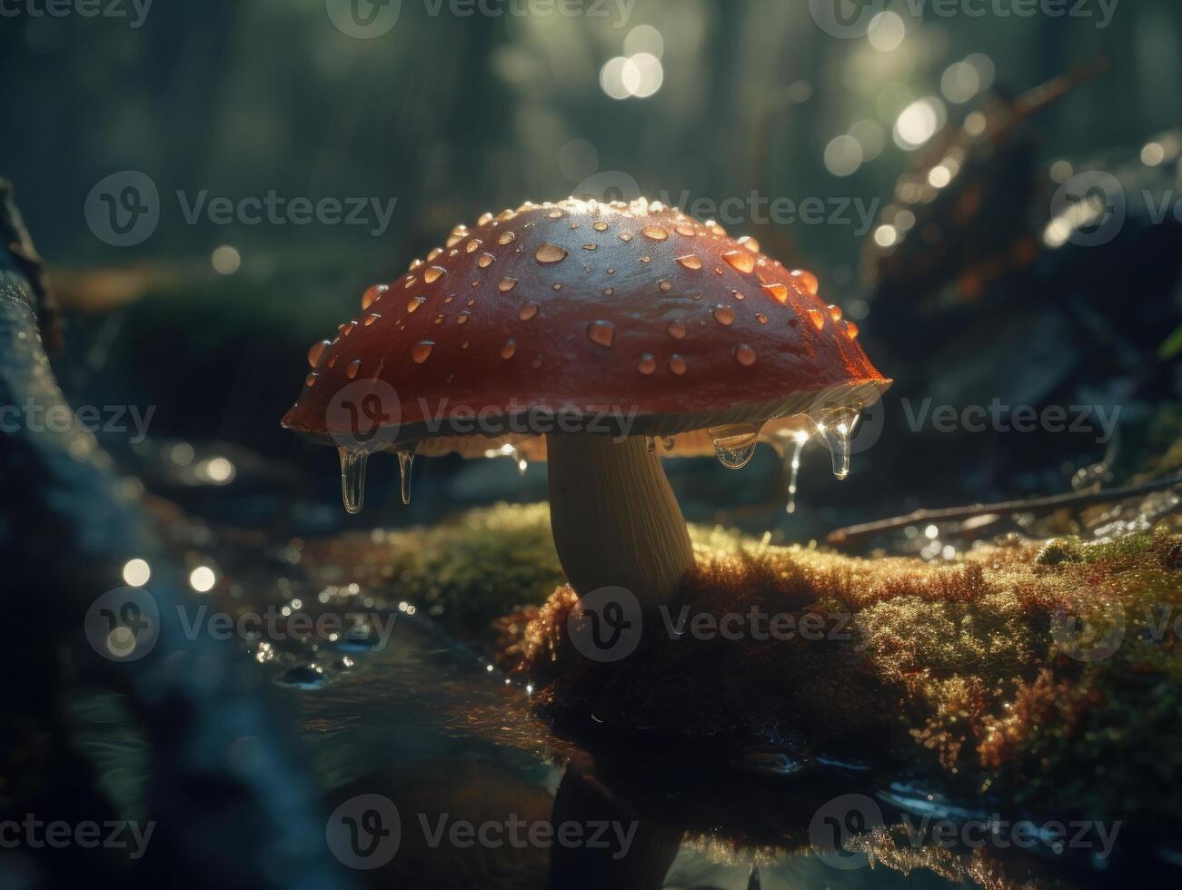 cogumelo dentro a floresta. lindo vermelho mosca agárico dentro a musgo. criada com generativo ai tecnologia foto