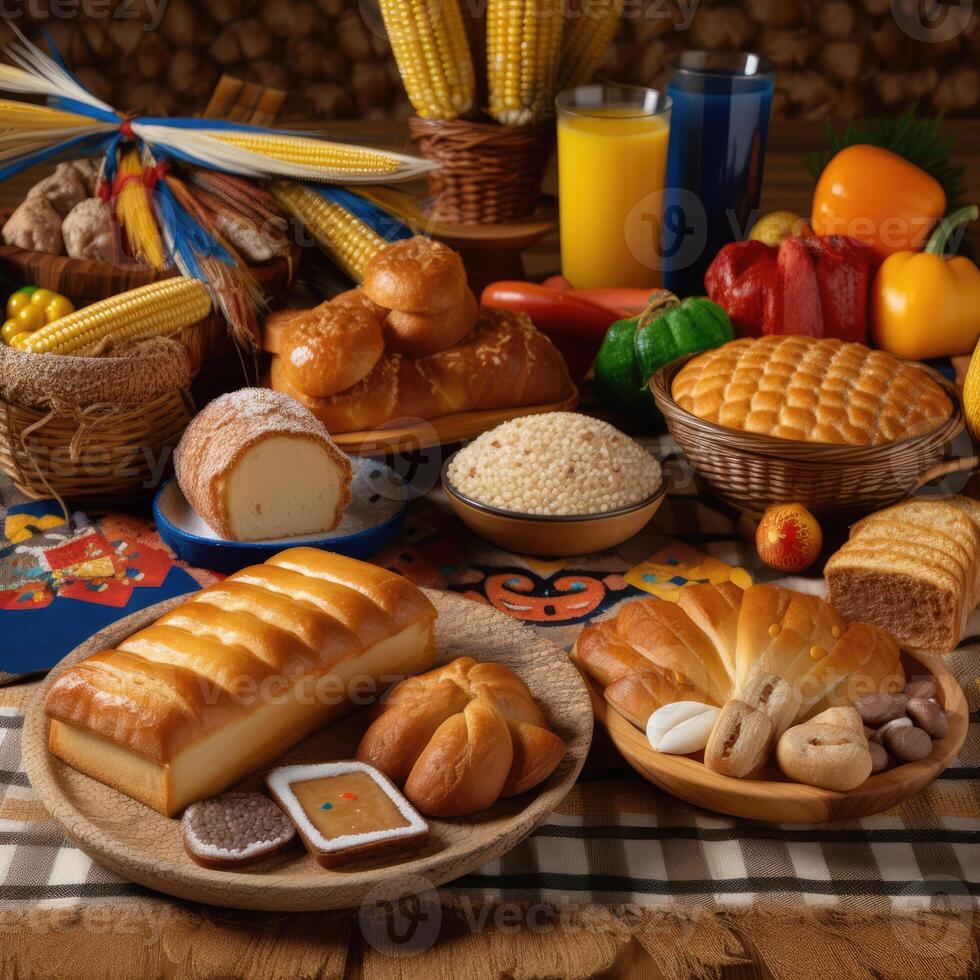 Comida festa em decorado mesa para festa junina celebração. brasileiro Comida para a comemorar Junho celebração. Comida fundo generativo ai ilustração foto