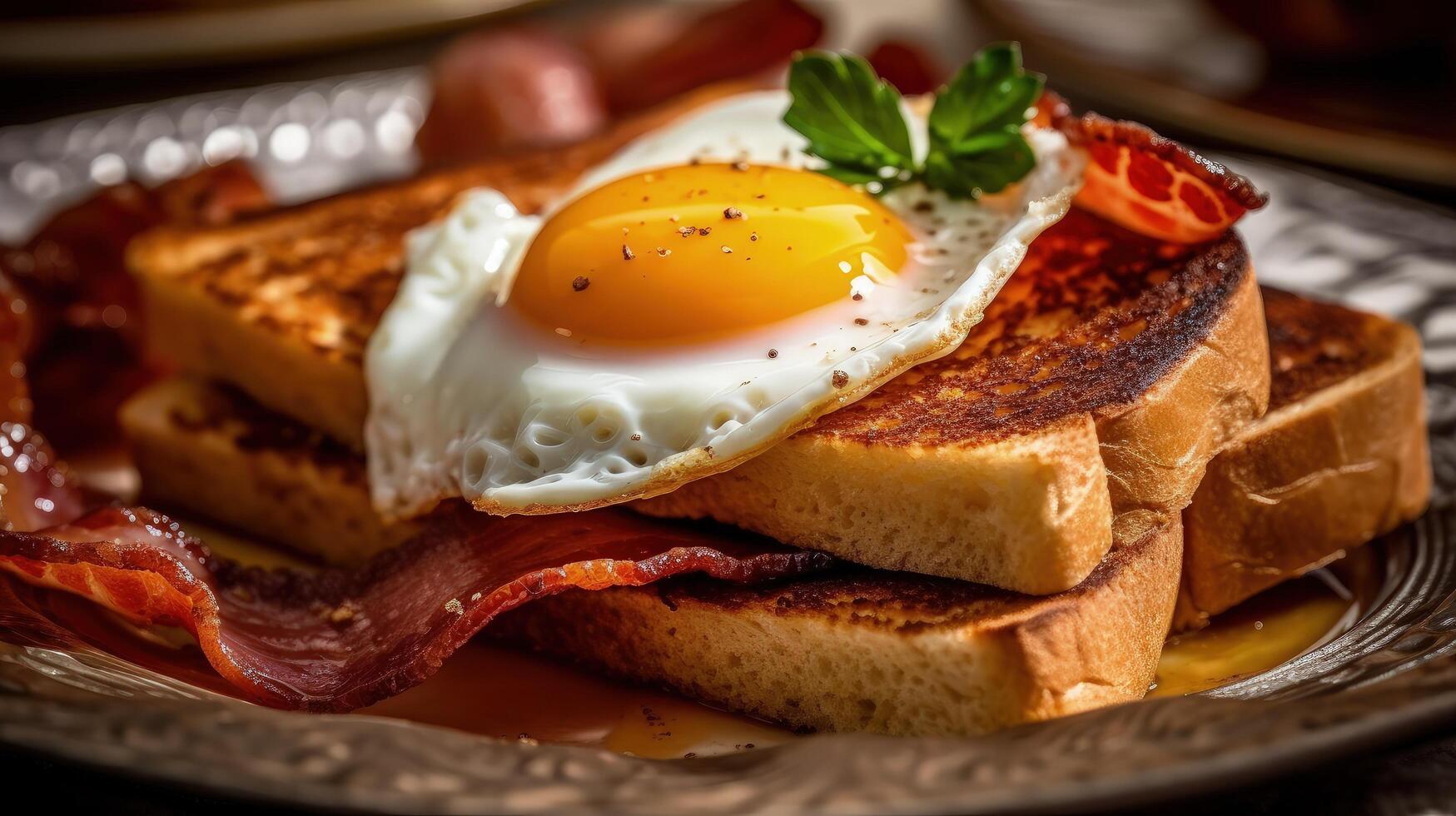 café da manhã com bacon, ovos, panquecas, e torrada ilustração ai generativo foto