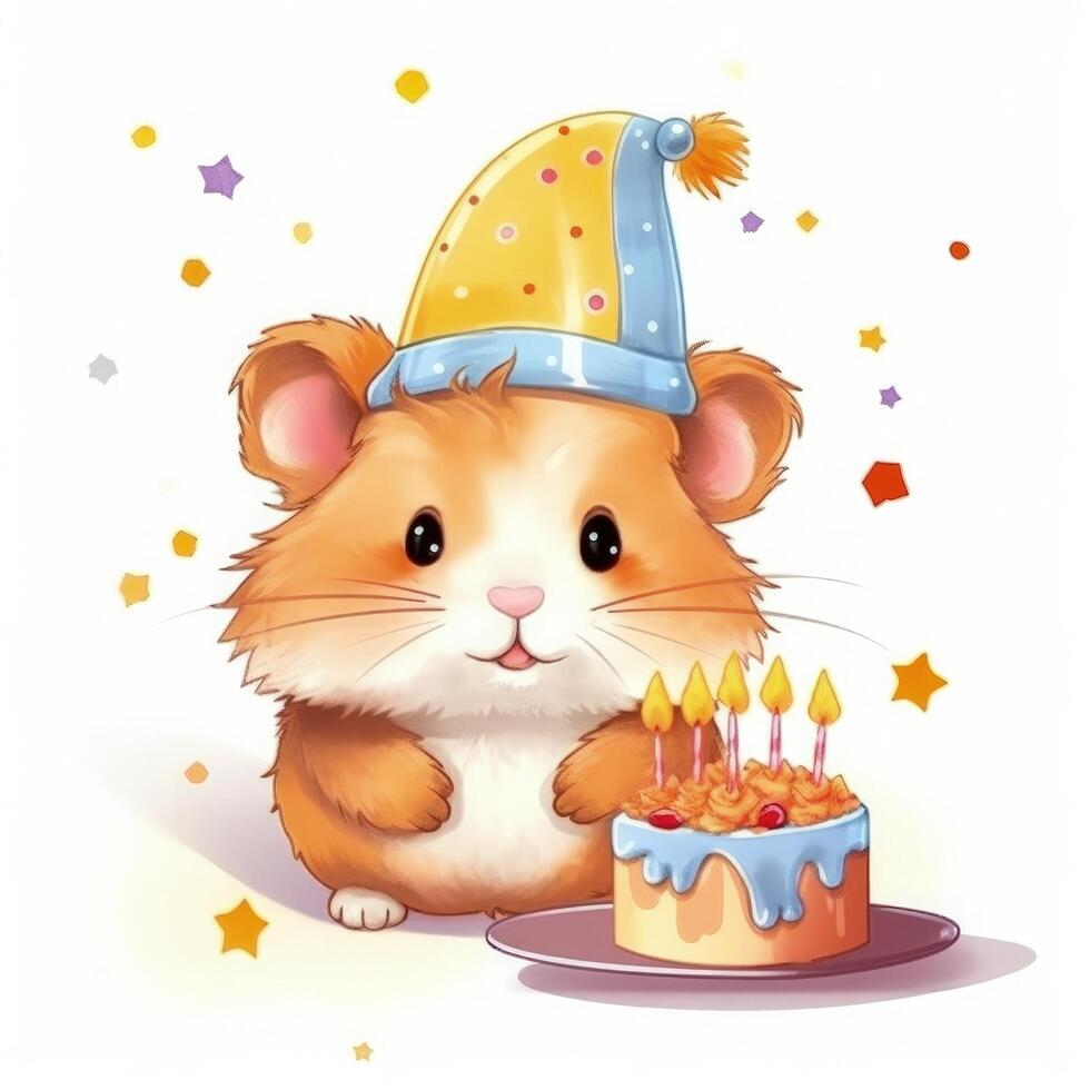 fofa aniversário hamster com bolo. ilustração ai generativo foto