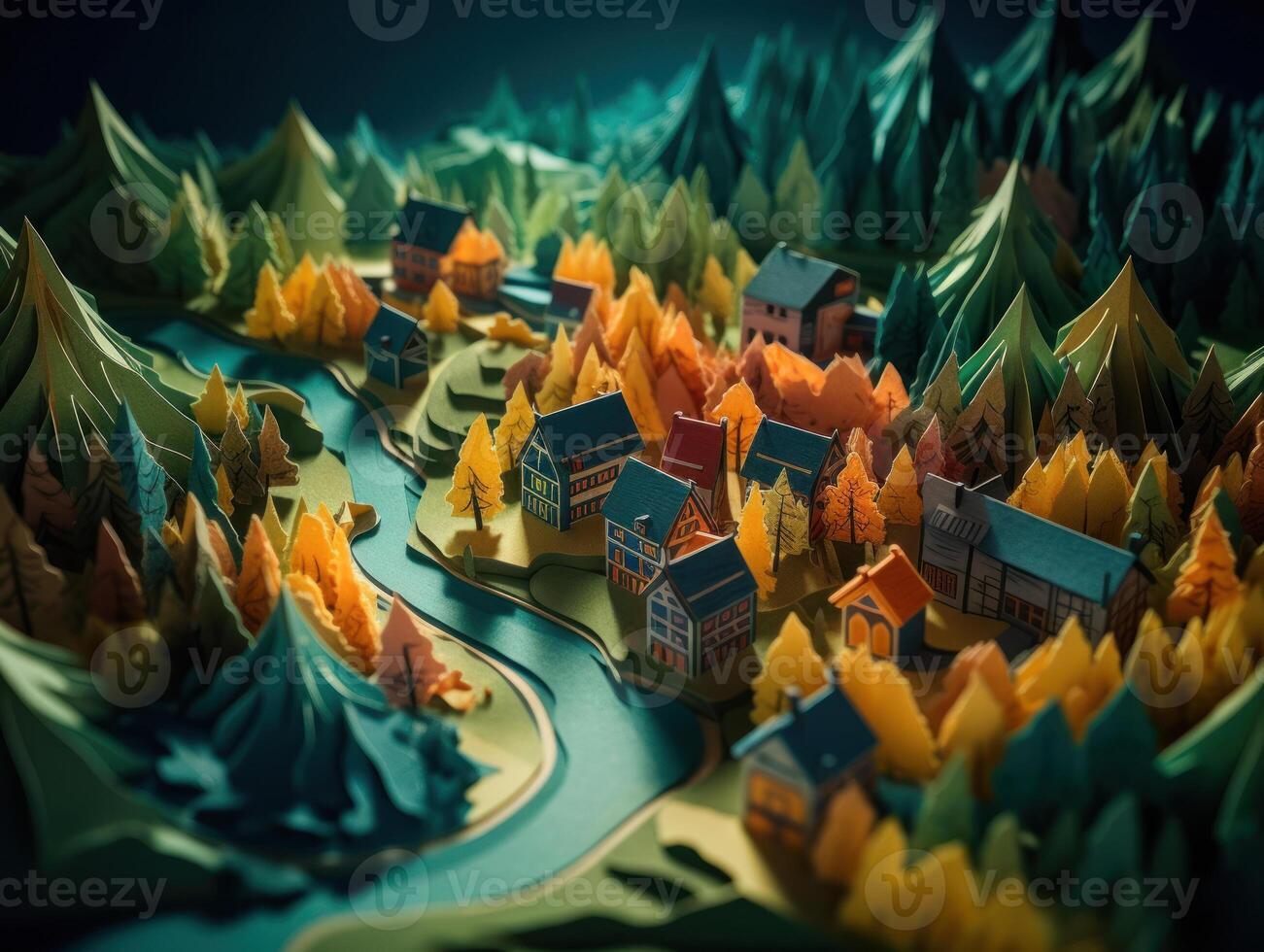 colorida papercraft medieval cidade papel cortar terreno fundo criada com generativo ai tecnologia. foto