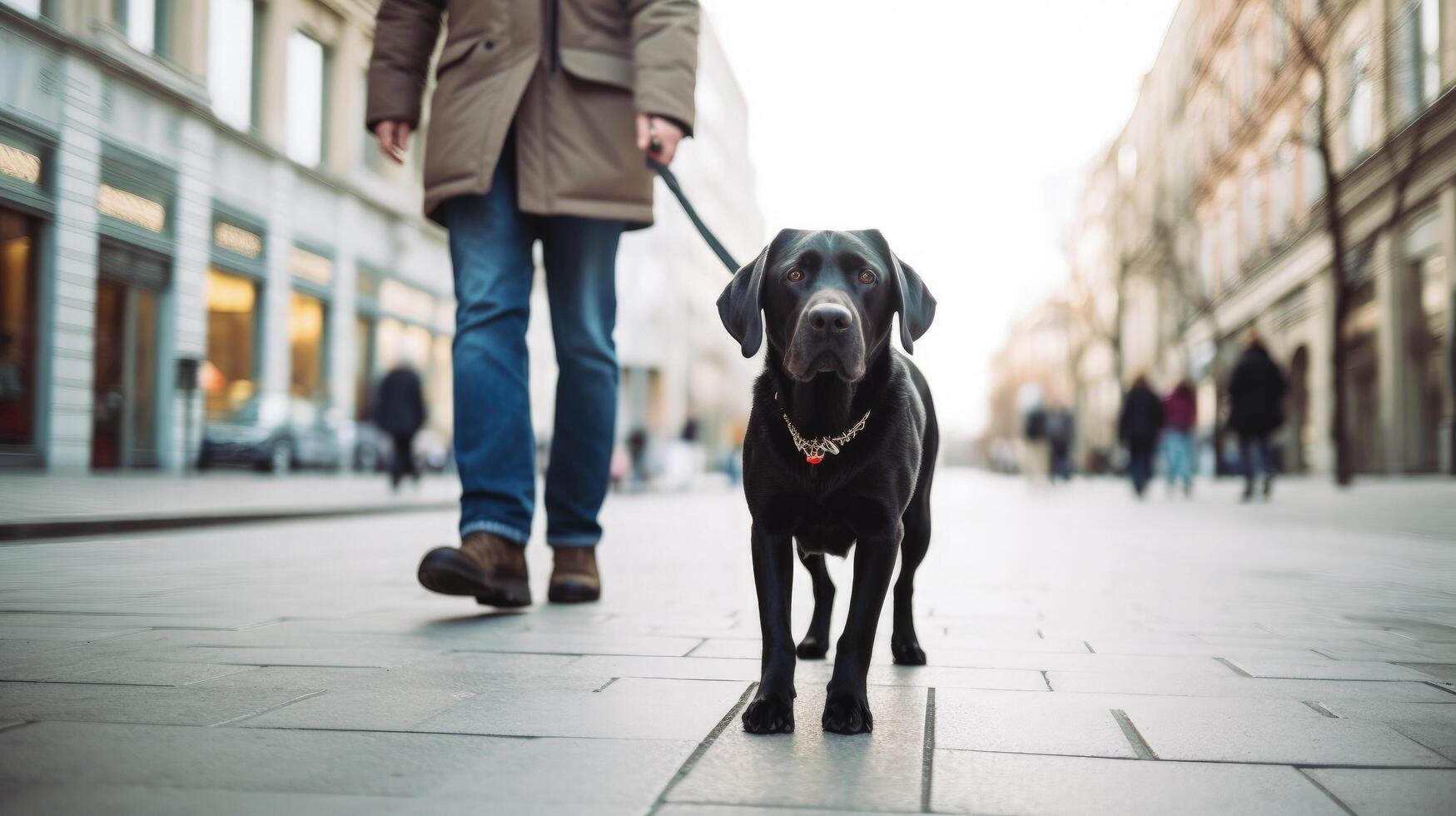 proprietário e cachorro caminhando dentro cidade. ilustração ai generativo foto