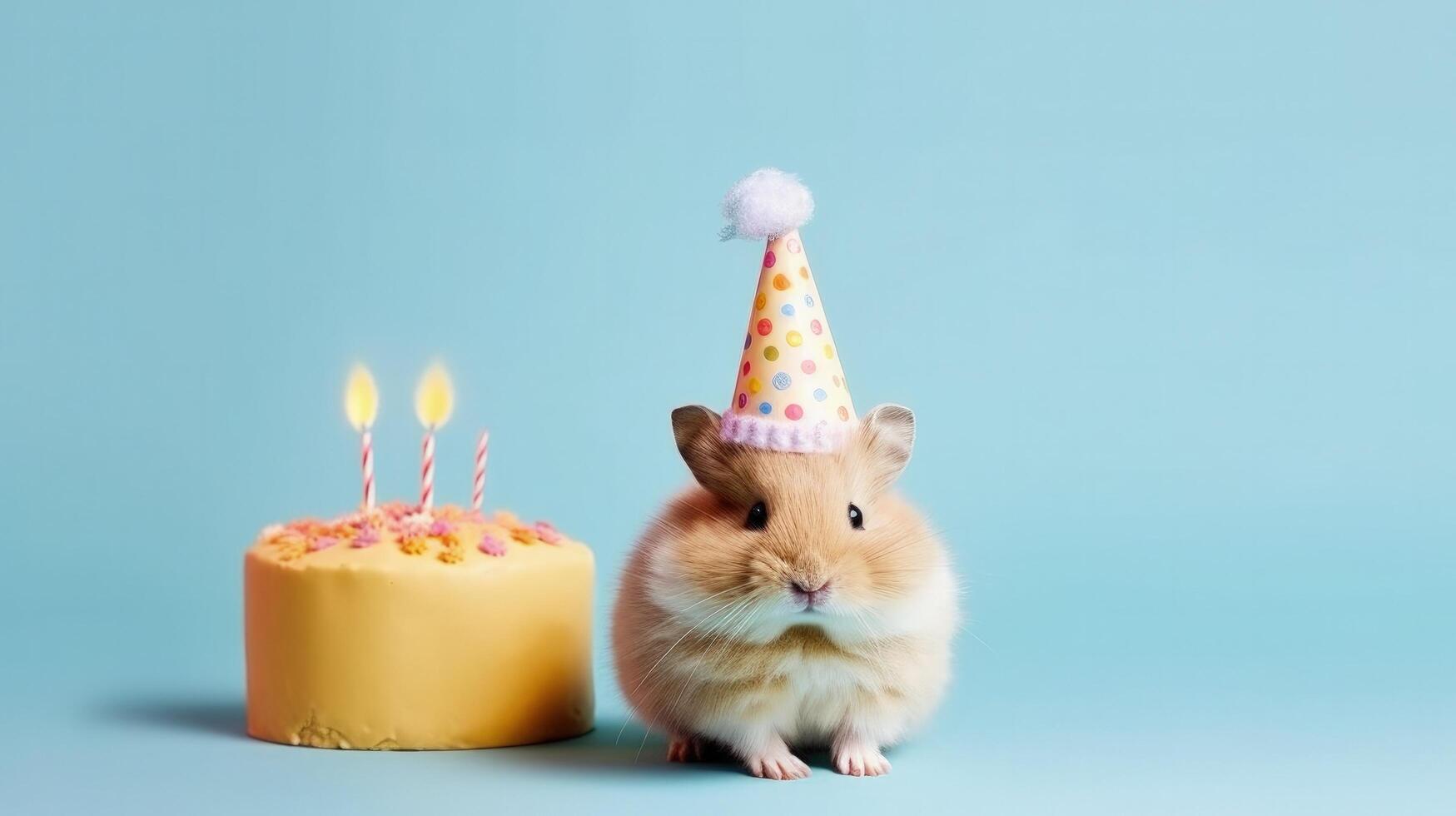 fofa aniversário hamster com bolo. ilustração ai generativo foto