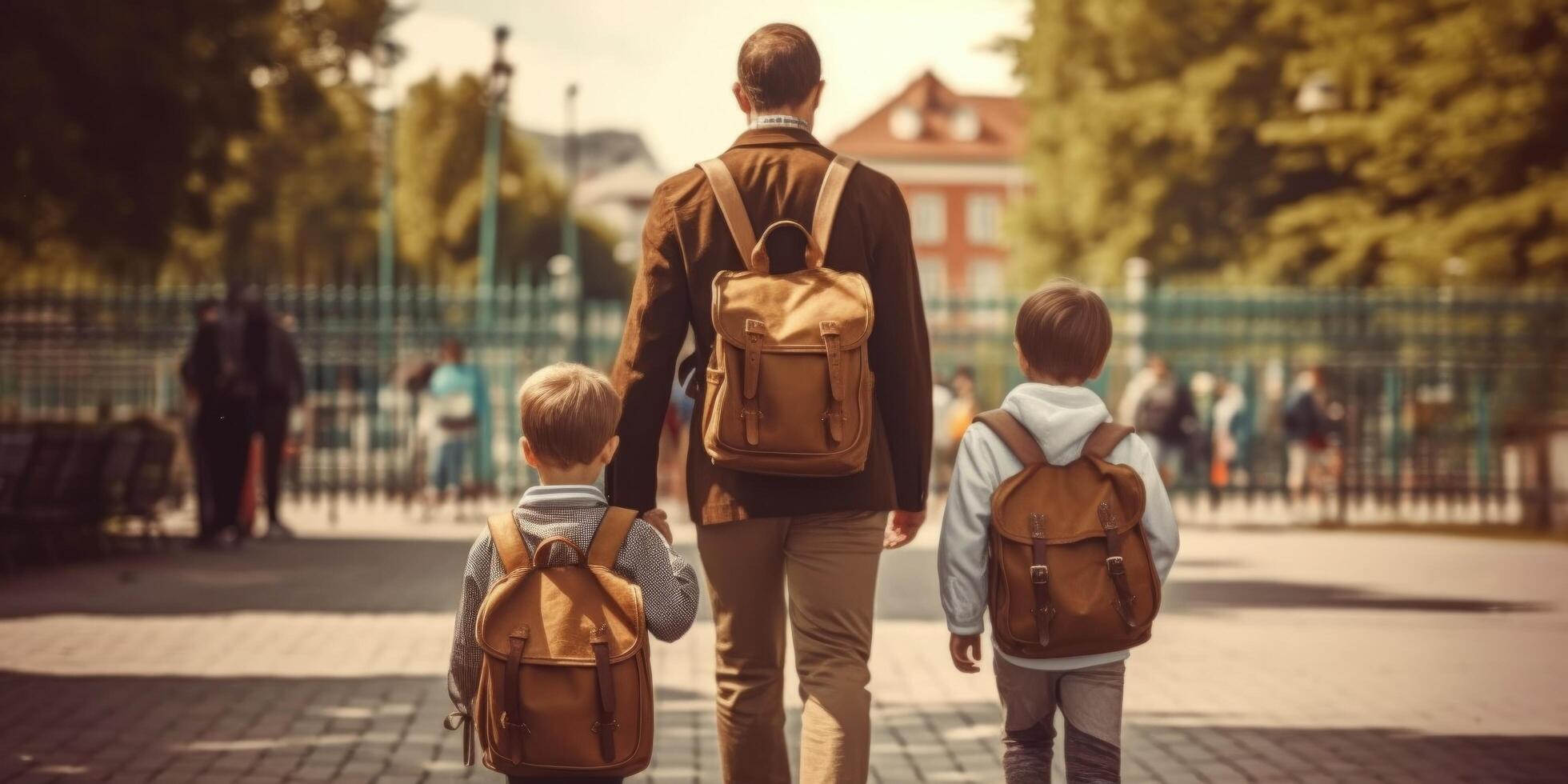 costas para escola. Visão a partir de a costas do uma feliz Papai acompanhantes dele filhos escolares para escola. ilustração ai generativo foto