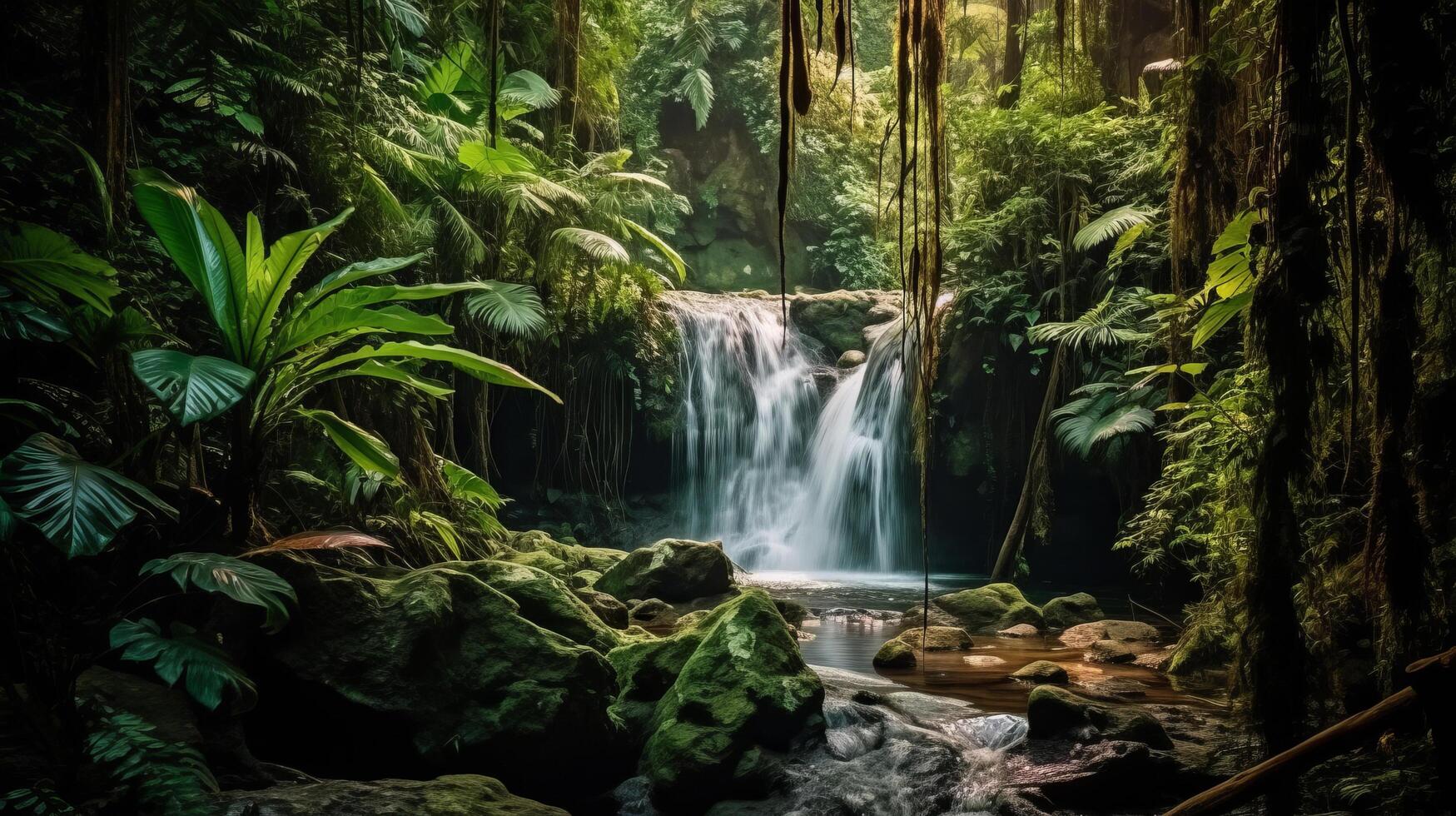 cascata dentro tropical floresta. ilustração ai generativo foto