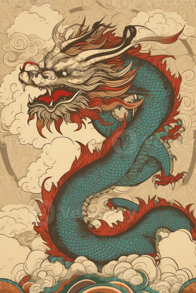 poster para chinês Novo ano com Dragão. ilustração ai generativo foto