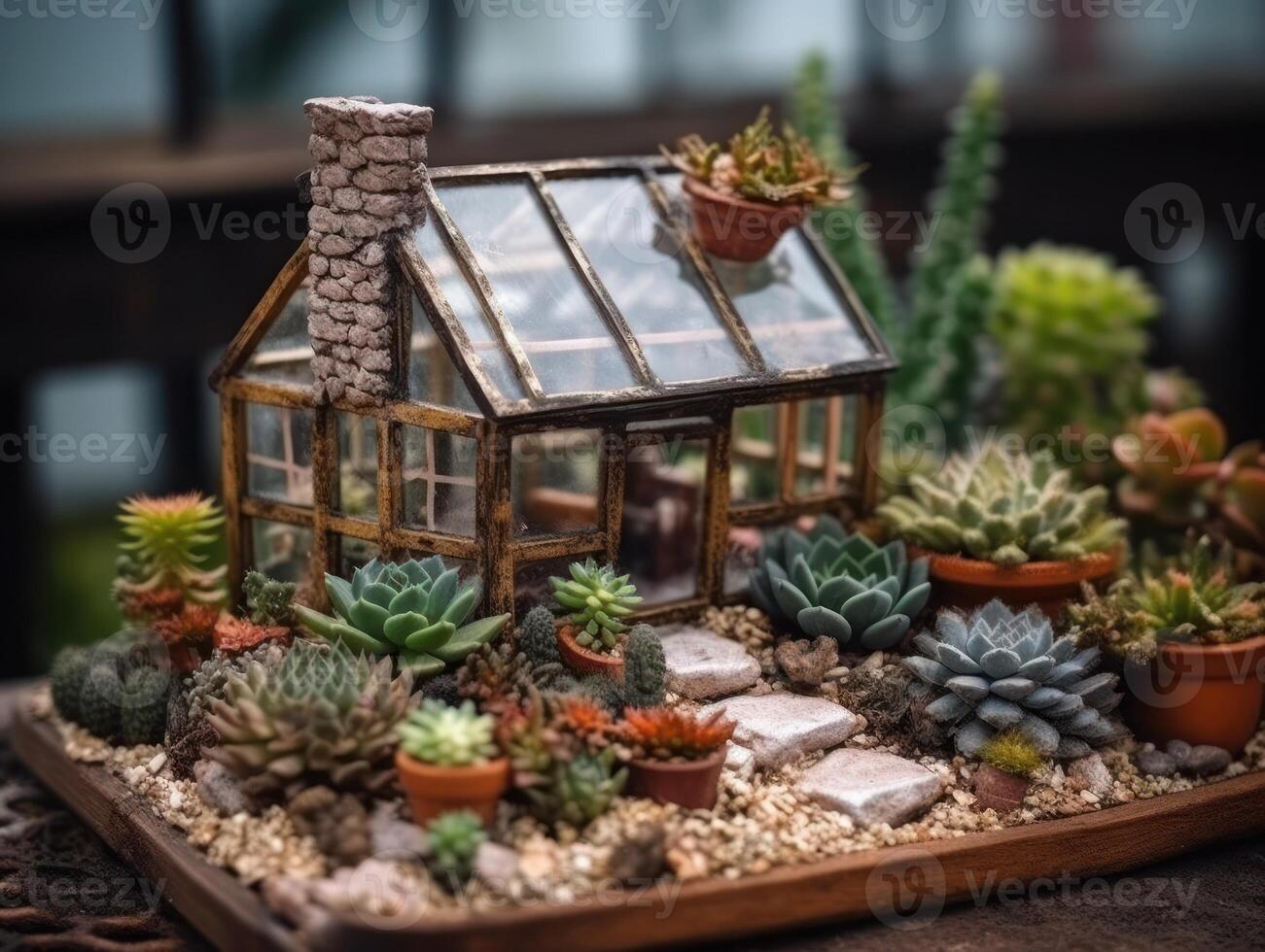 fantasia miniatura casa flores suculentos e cacto dentro a jardim criada com generativo ai tecnologia foto