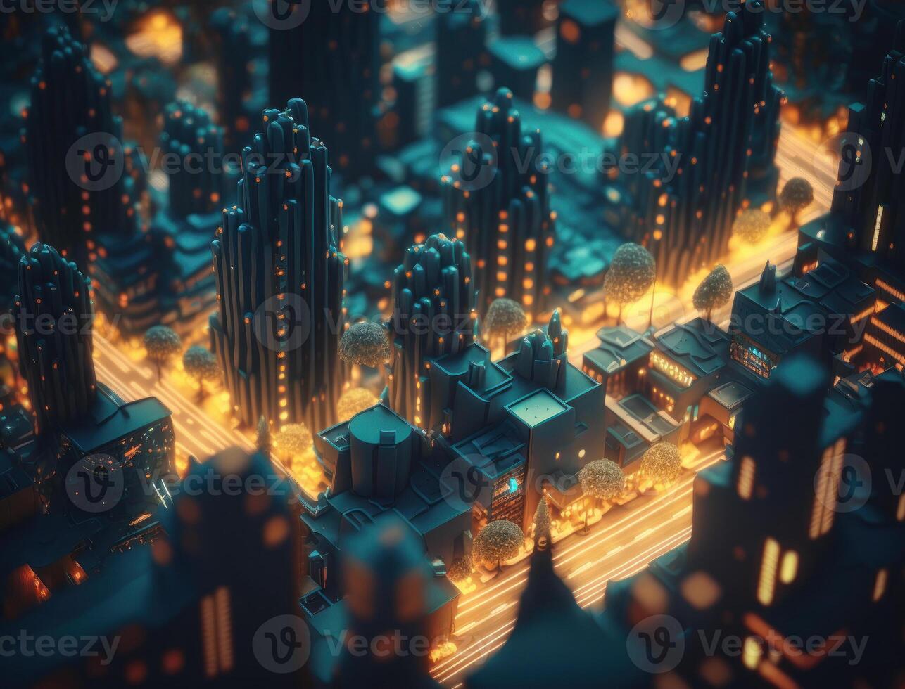 futurista cidade panorama paisagem urbana isométrico Visão noite cidade criada com generativo ai tecnologia foto