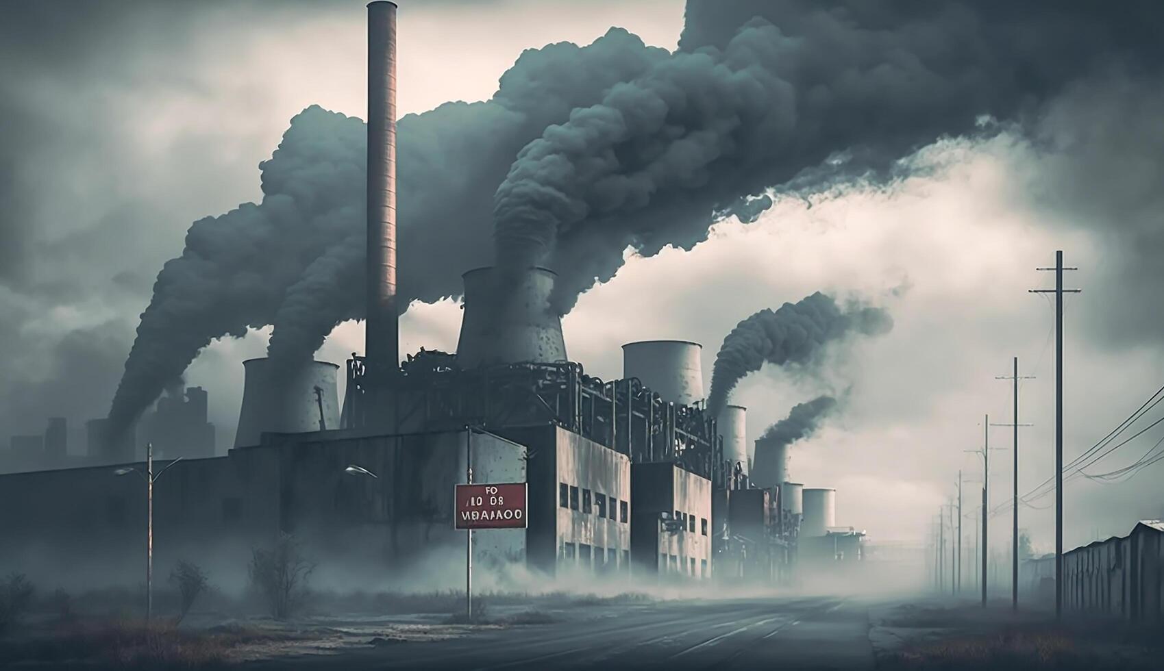 industrial fábrica poluição, chaminé escape gases, mau atmosfera, generativo ai foto