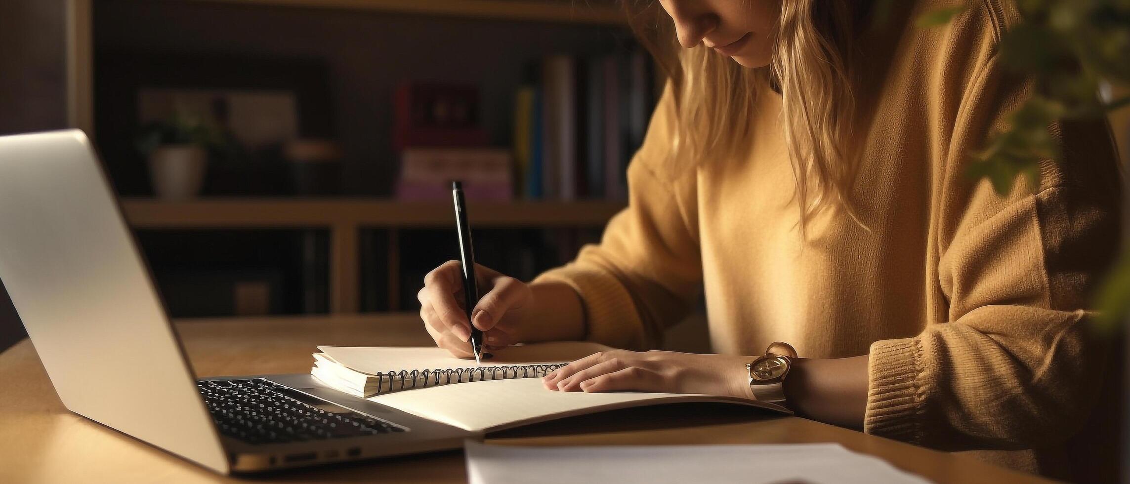 Aprendendo e conhecimento conceito, jovem mulher aluna ocupado estude faço notas dentro caderno e usando computador portátil concentrado conectados Treinamento curso tecnologia Educação, generativo ai foto