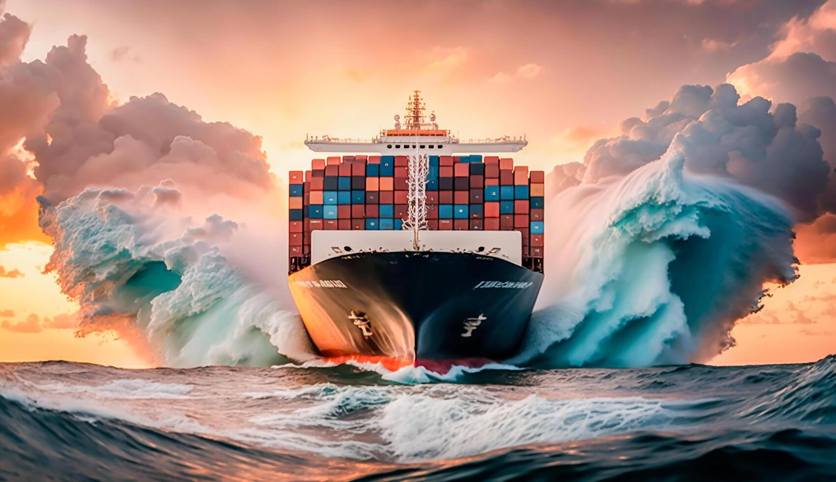 recipiente grande navio em oceano e grande aceno, o negócio logístico importar - exportação transporte dentro pôr do sol, ai generativo. foto