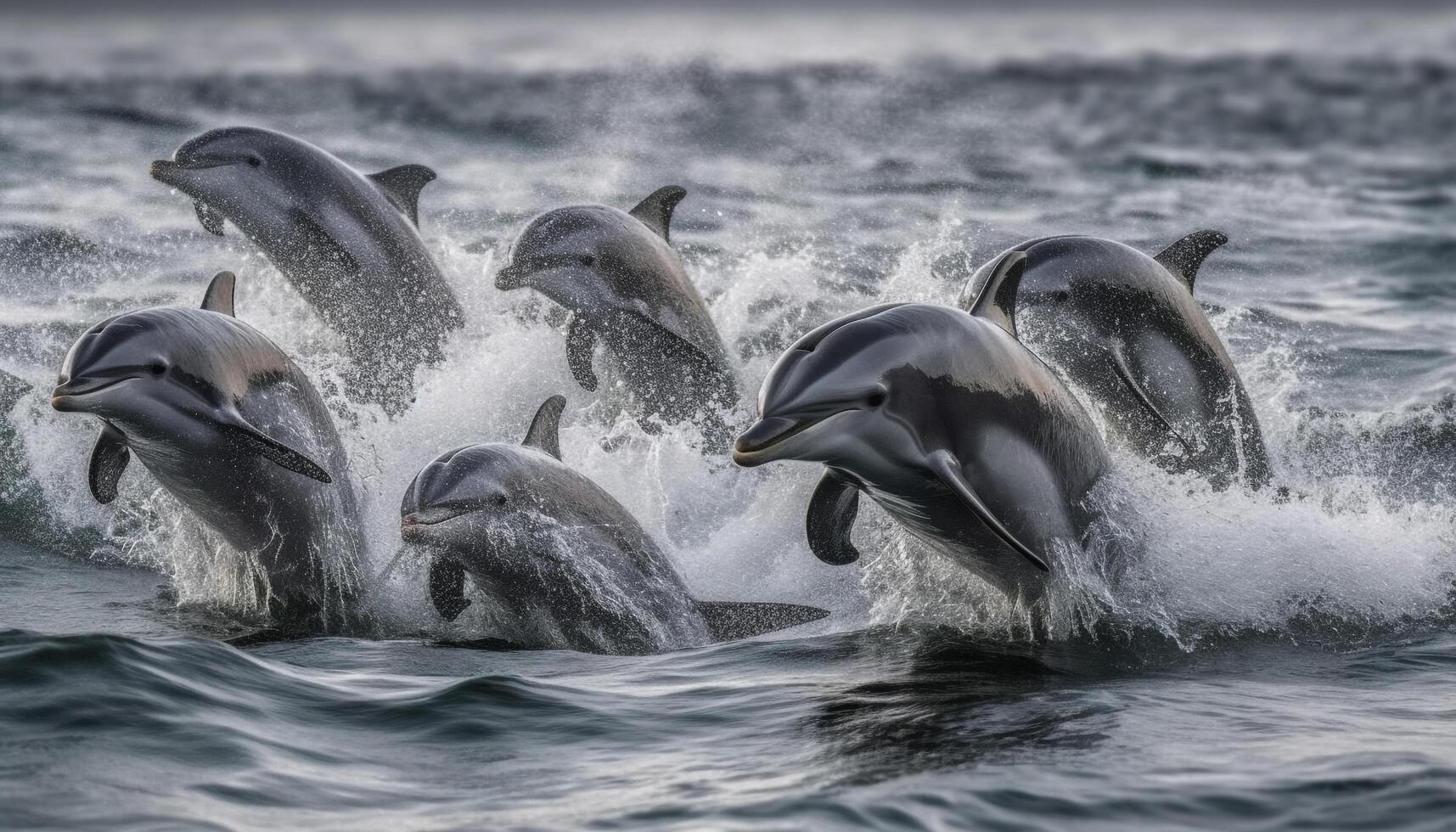 brincalhão golfinhos pulando dentro a azul mar, desfrutando verão Diversão gerado de ai foto