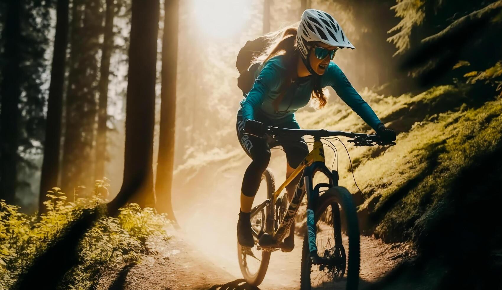 montanha ciclismo mulher equitação em bicicleta dentro verão montanhas floresta paisagem, ai generativo foto