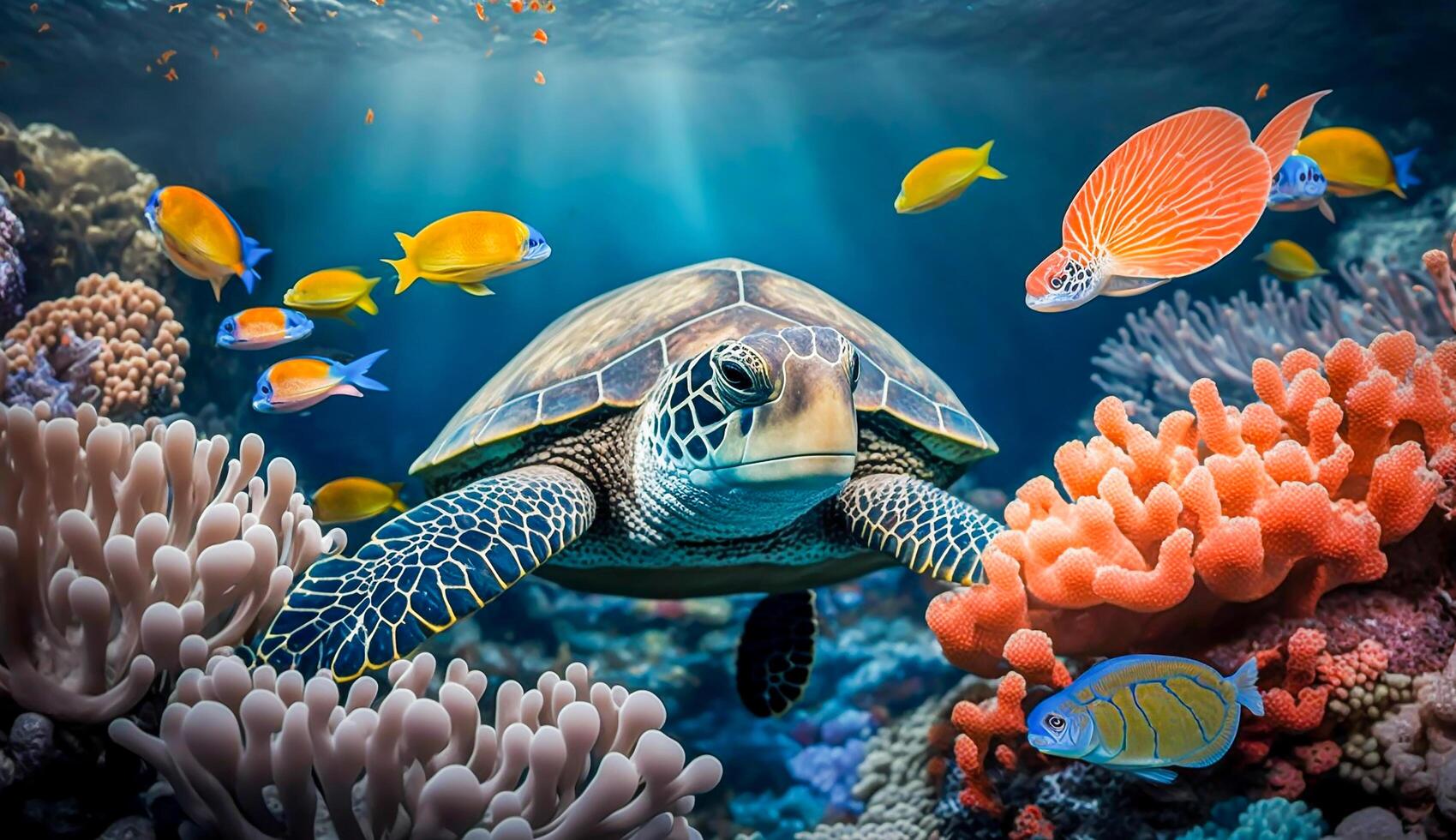 tartaruga com grupo do colorida peixe e mar animais com colorida coral embaixo da agua dentro oceano, generativo ai foto