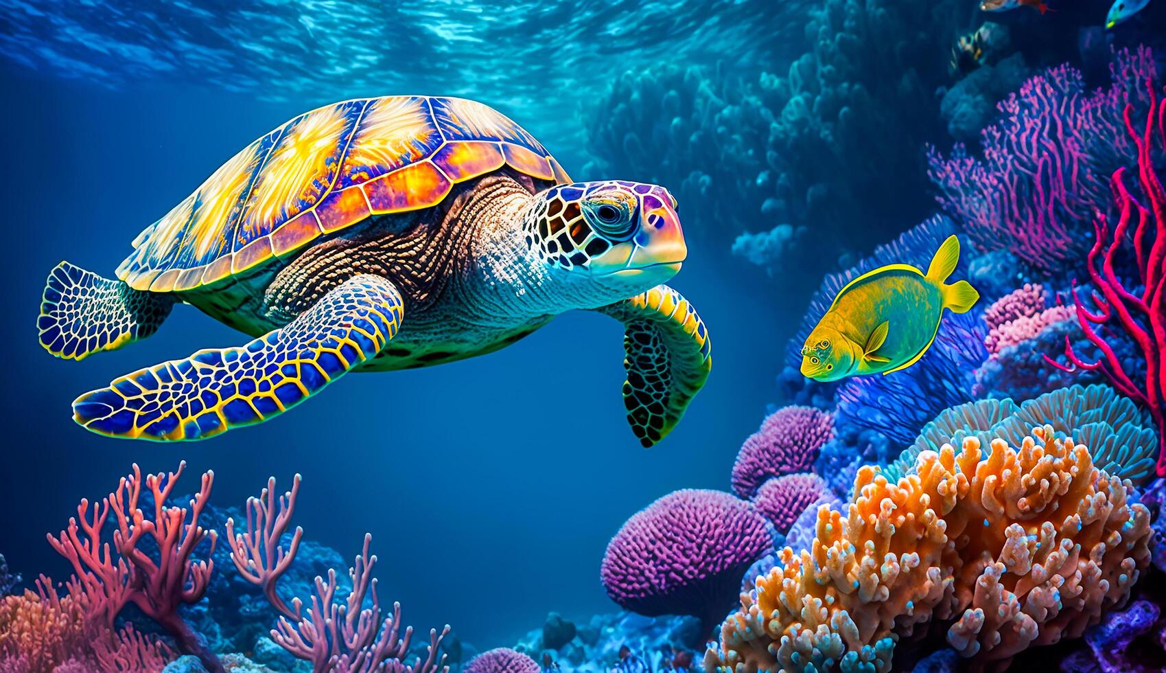 tartaruga com grupo do colorida peixe e mar animais com colorida coral embaixo da agua dentro oceano, generativo ai foto