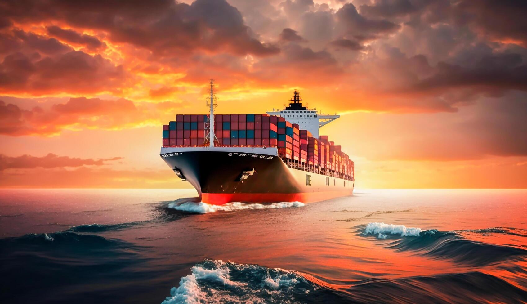 recipiente grande navio em oceano e grande aceno, o negócio logístico importar - exportação transporte dentro pôr do sol, ai generativo. foto