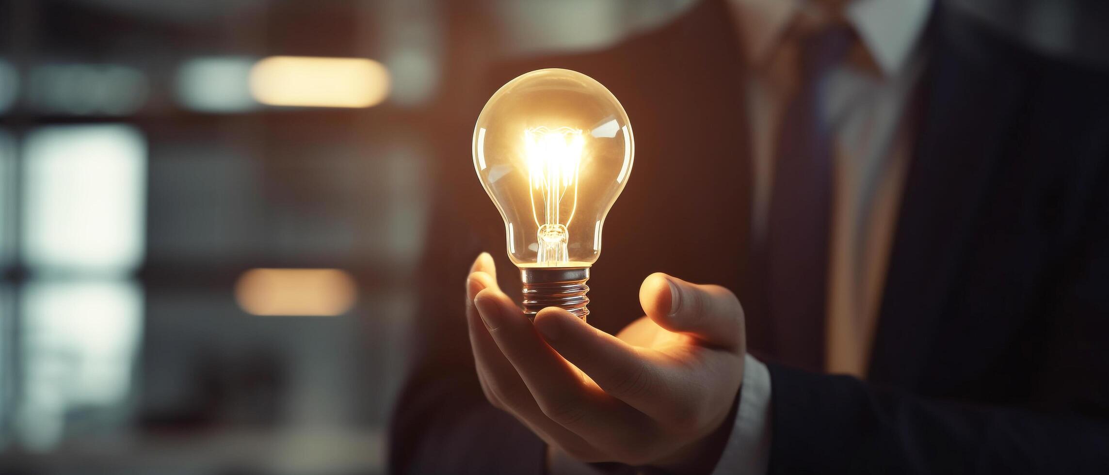 mão do o negócio homem segurando luz lâmpada com inovação e o negócio idéia para análise para trabalhar, generativo ai foto