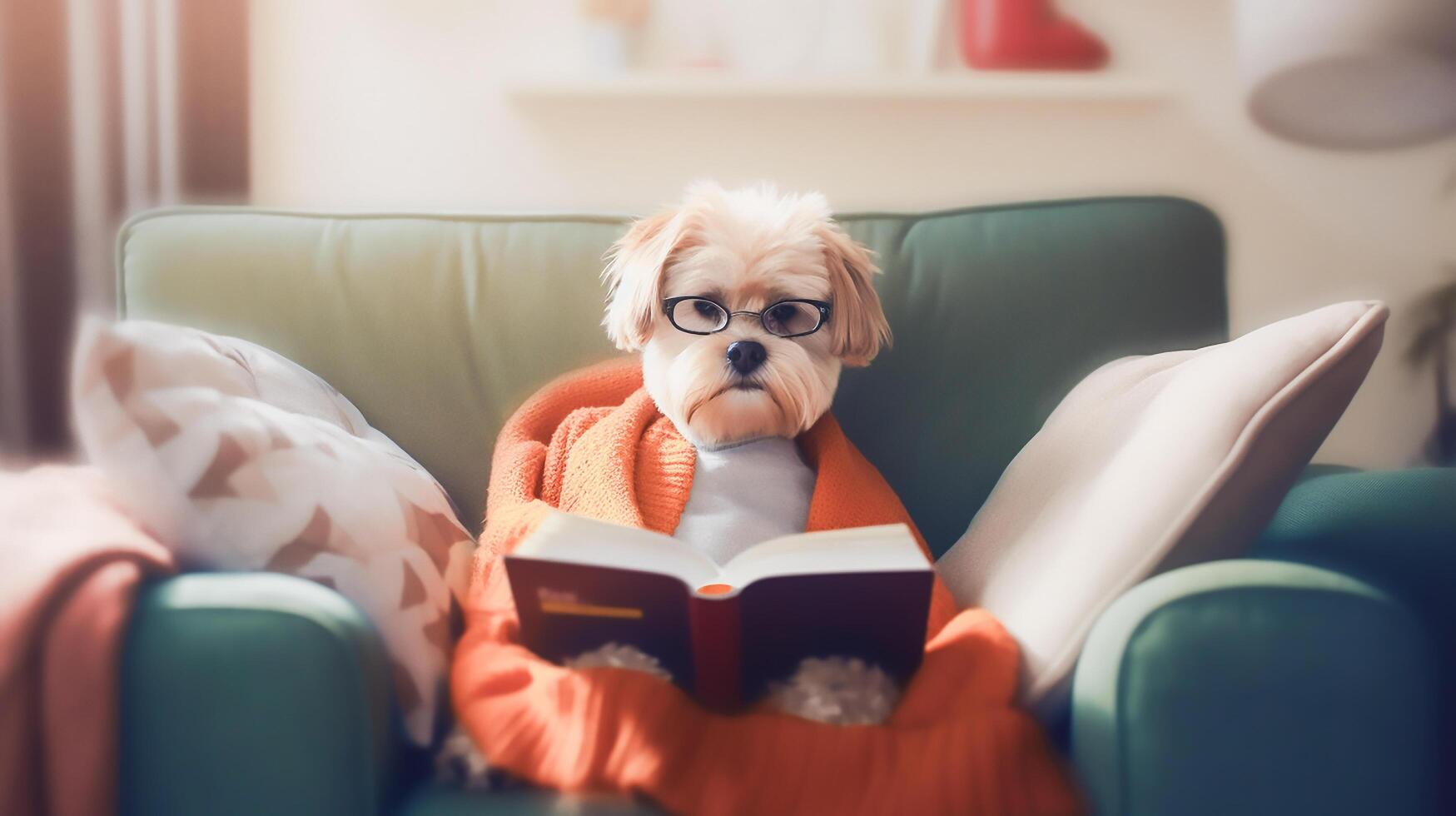 fofa cachorro lendo uma livro em sofá às lar, ai generativo foto