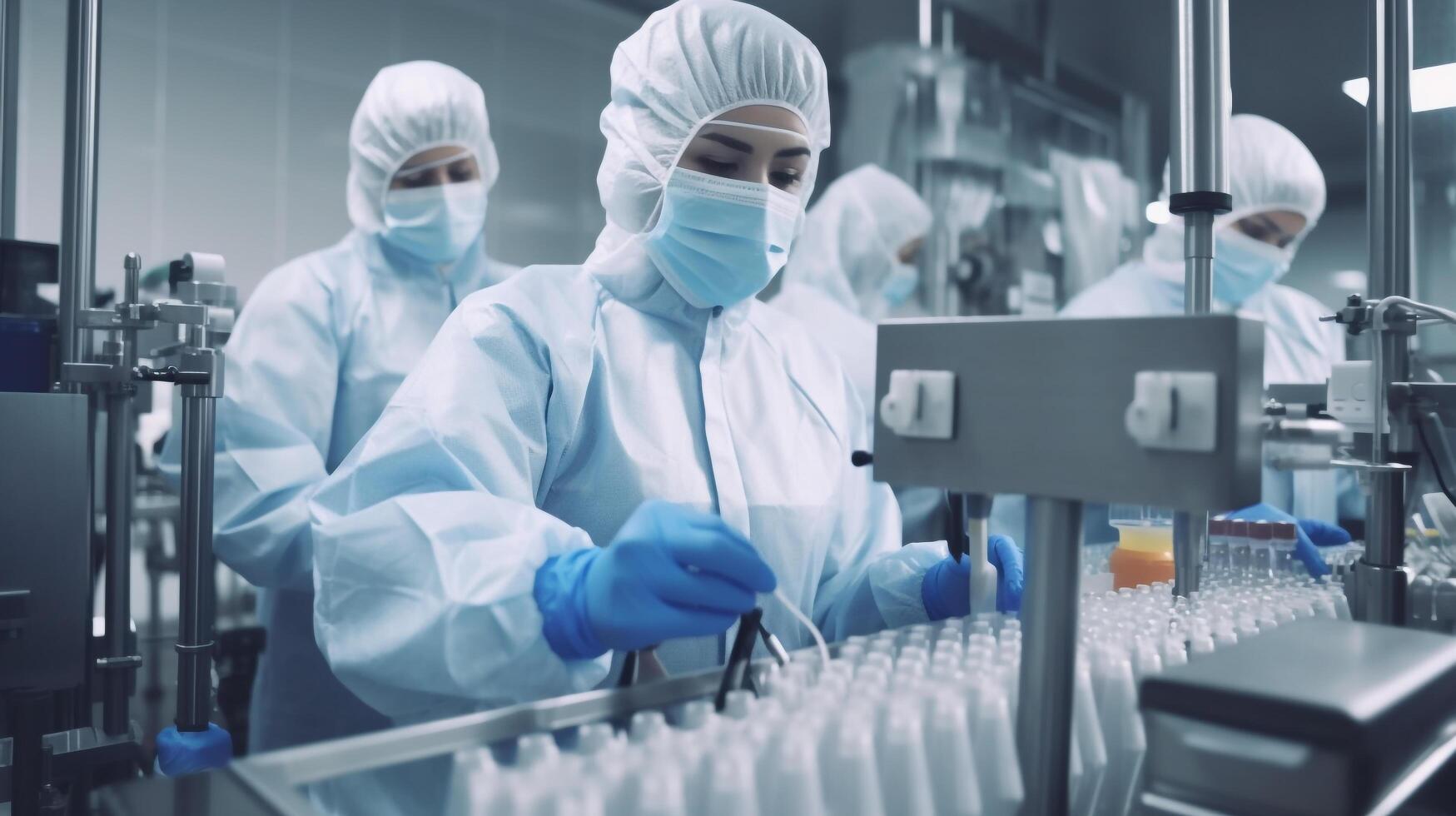 funcionários dentro uniforme Verifica médico frascos em Produção linha às farmacêutico fábrica, farmacêutico máquina trabalhando farmacêutico vidro garrafas Produção, generativo ai foto