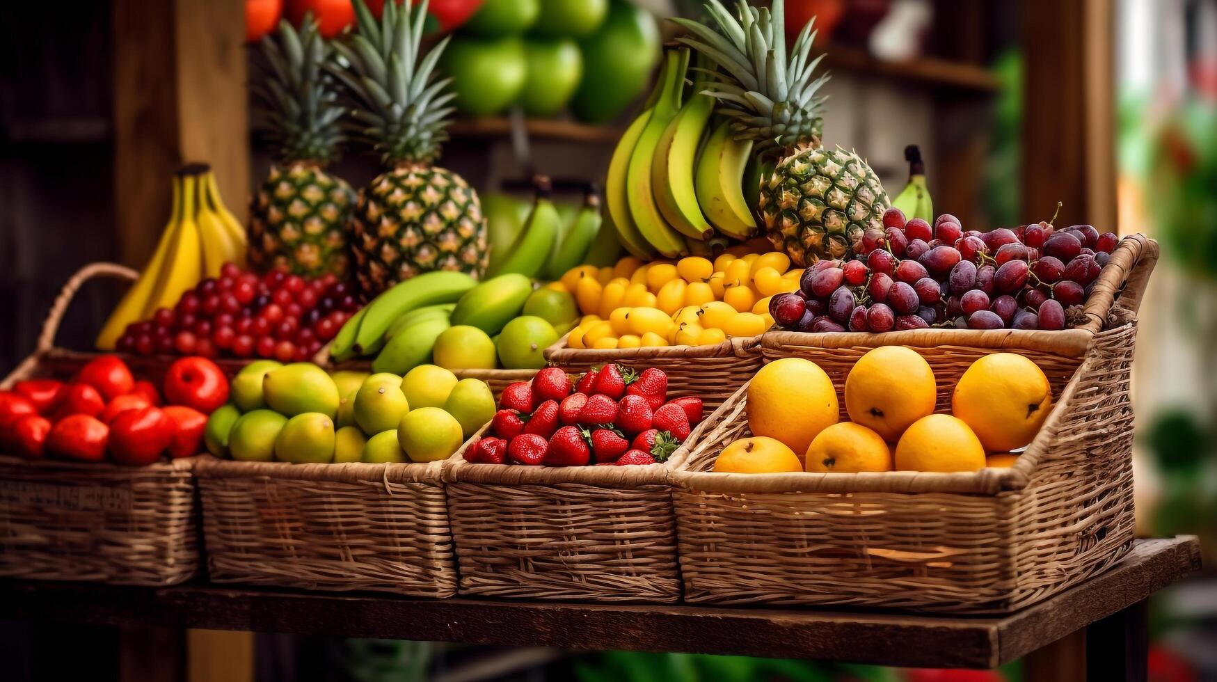 frutas dentro cesta com frutas em estante dentro mercado, generativo ai foto