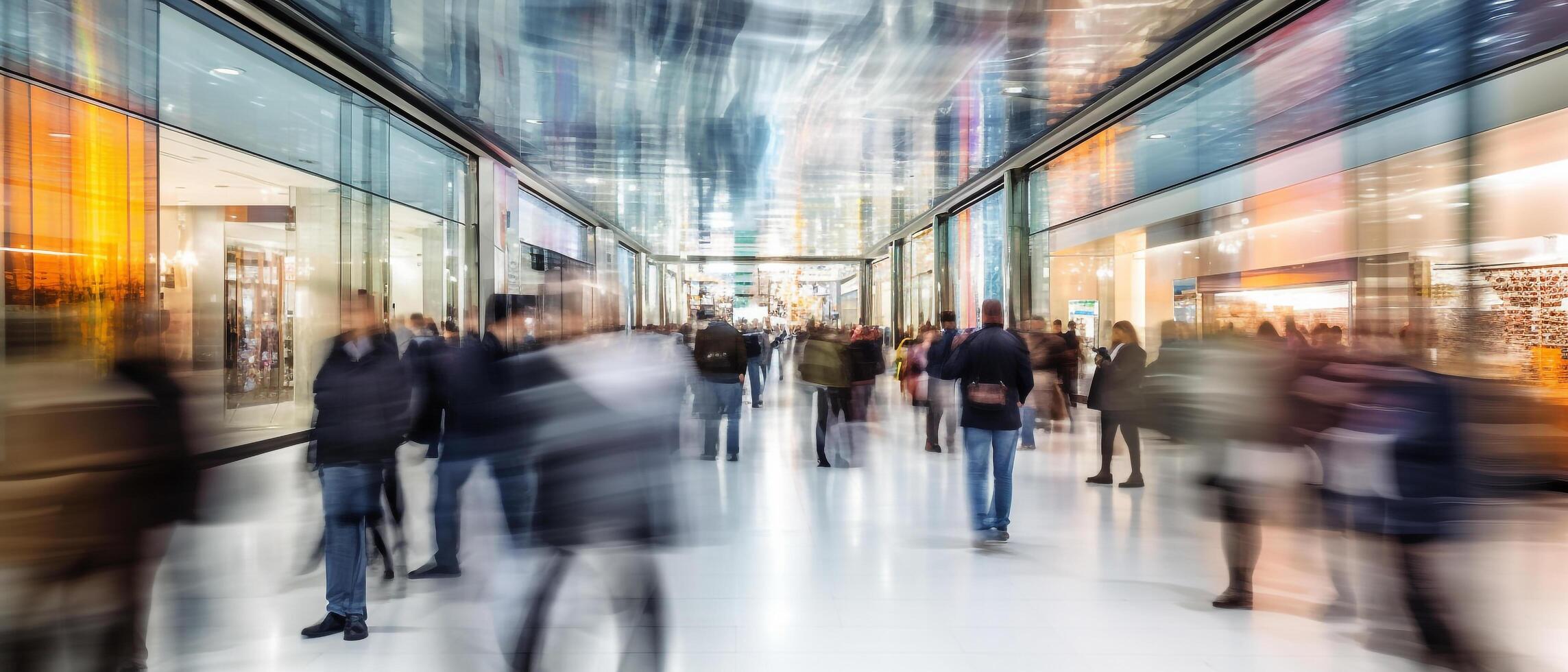 grupo do pessoas ir compras dentro velozes movimento dentro shopping center, generativo ai foto