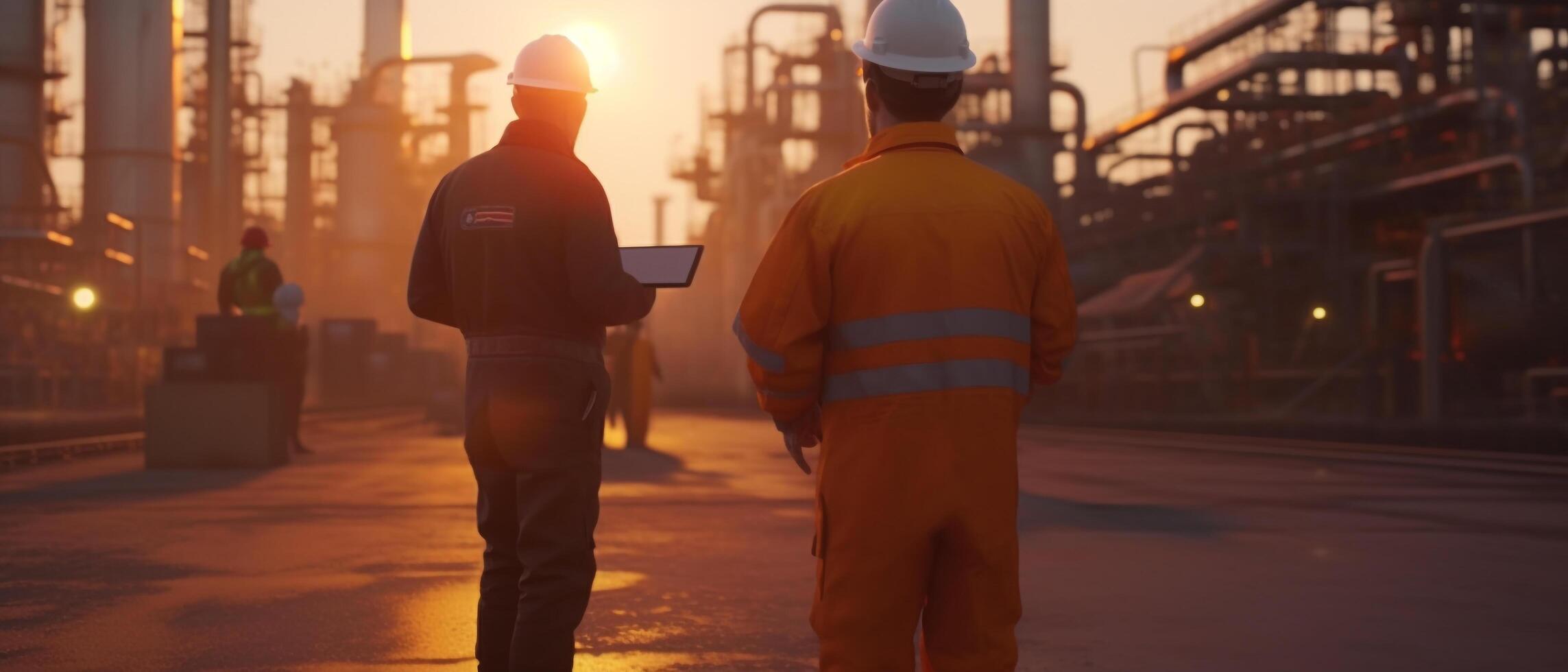 engenheiros dentro uniforme andar e segurando tábua verificação dentro óleo refinaria campo dentro manhã, generativo ai foto