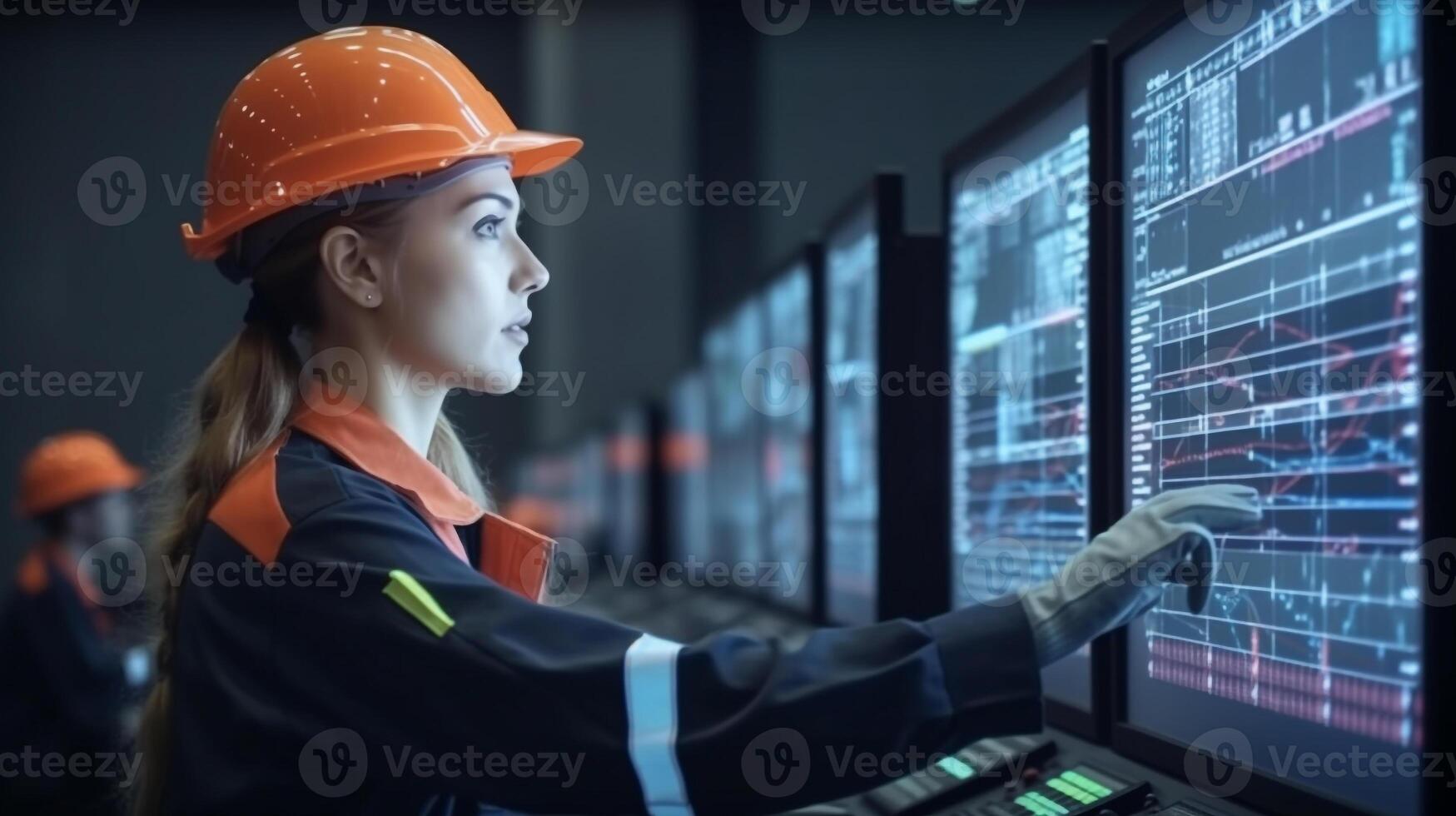 engenheiro mulher dentro segurança capacete e uniformes em grande tela monitor computador trabalhando ao controle máquina dentro fábrica, generativo ai foto