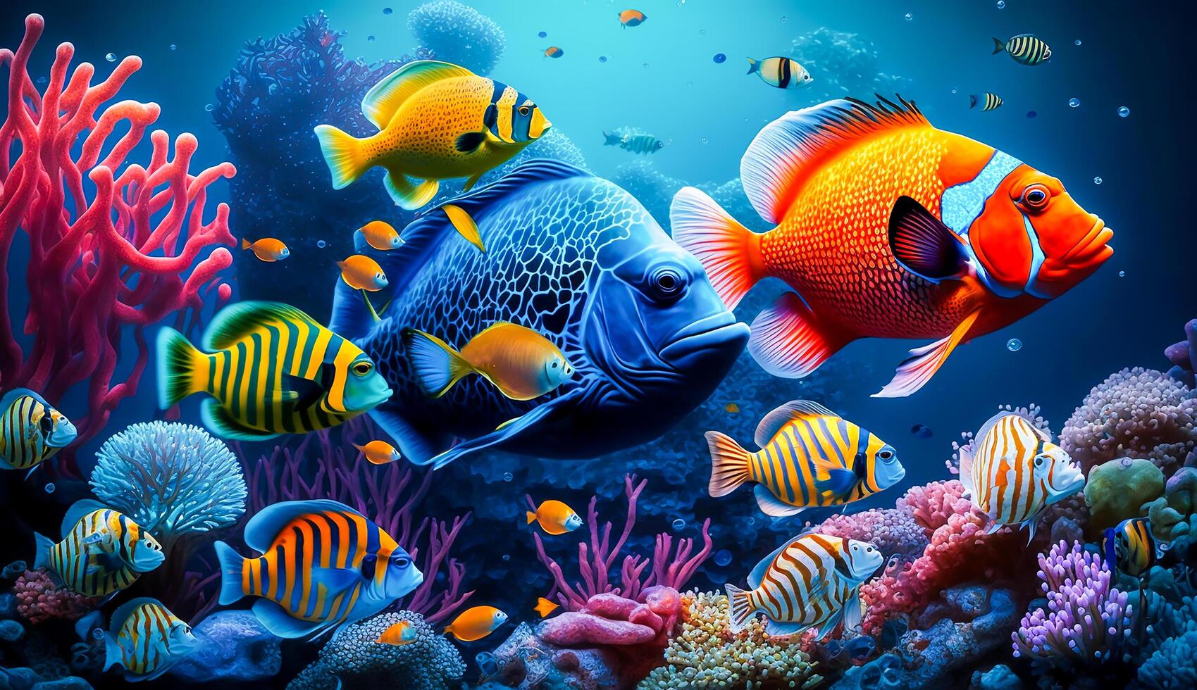 grupo do colorida peixe e mar animais com colorida coral embaixo da agua dentro oceano, generativo ai foto