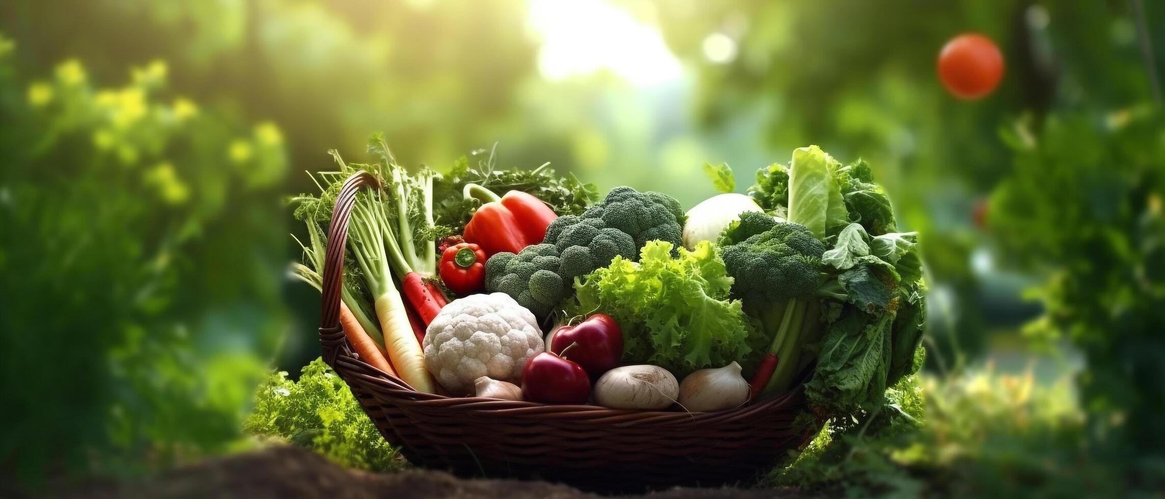 fresco verde e misturar colori legumes dentro grande cesta dentro campo verde plantas com agrícola vehical fundo, generativo ai foto