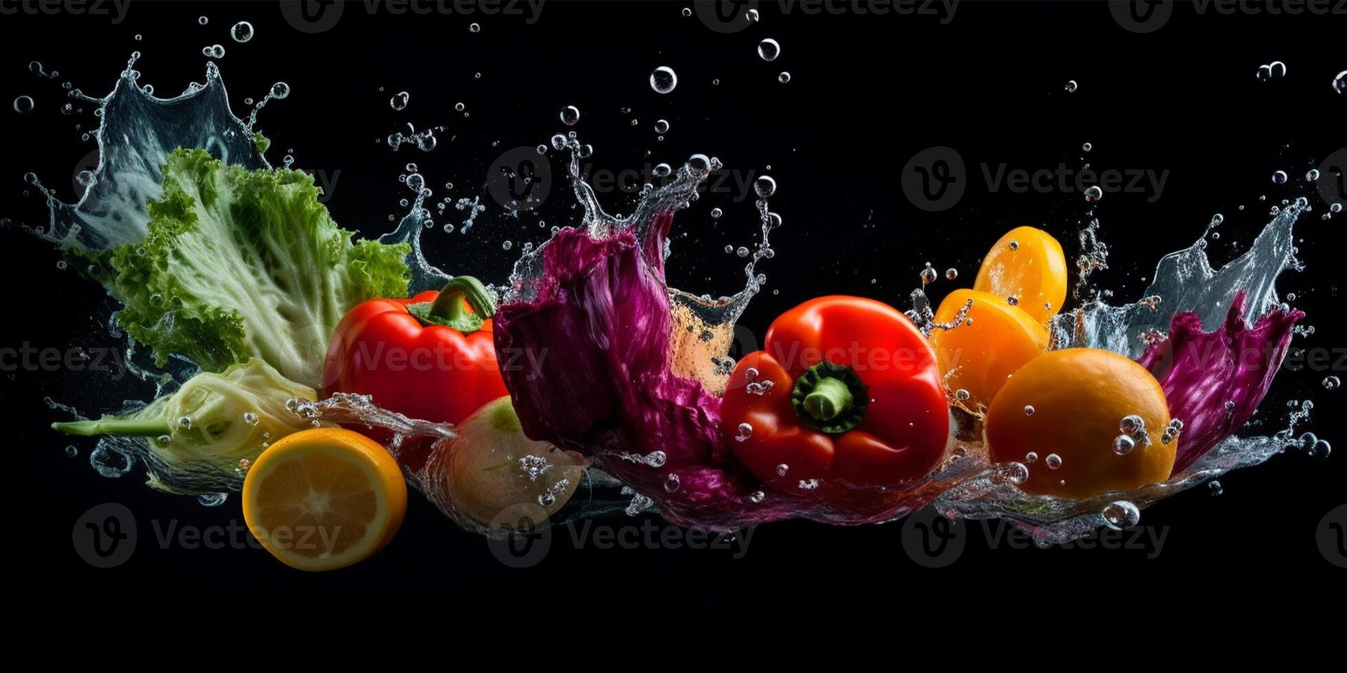 vôo frutas e legumes salpicos dentro para Claro água em Sombrio fundo. fresco saudável Comida conceito. generativo ai. foto