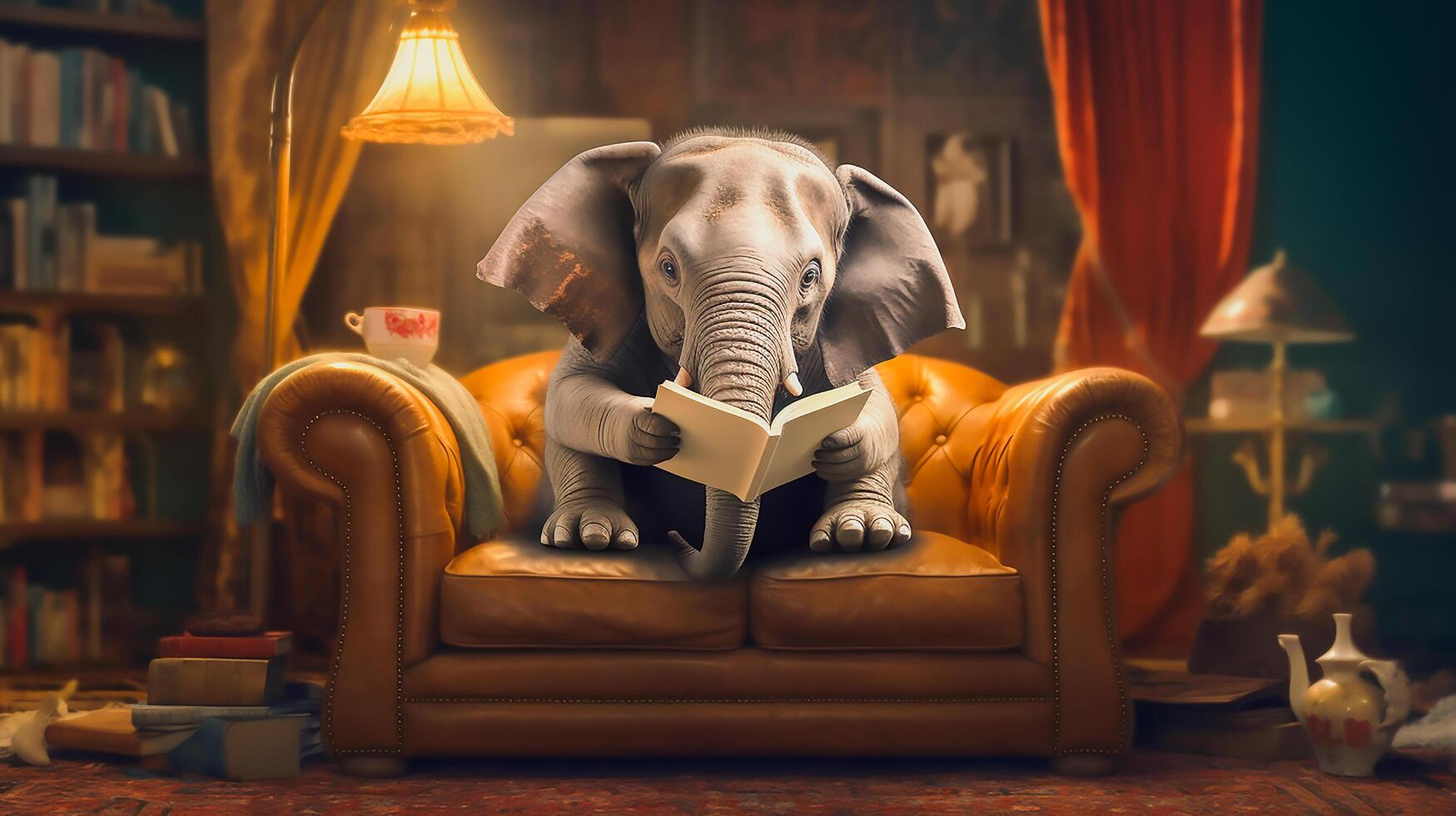 elefante lendo livro em sofá, Aprendendo e saber conceito, generativo ai foto